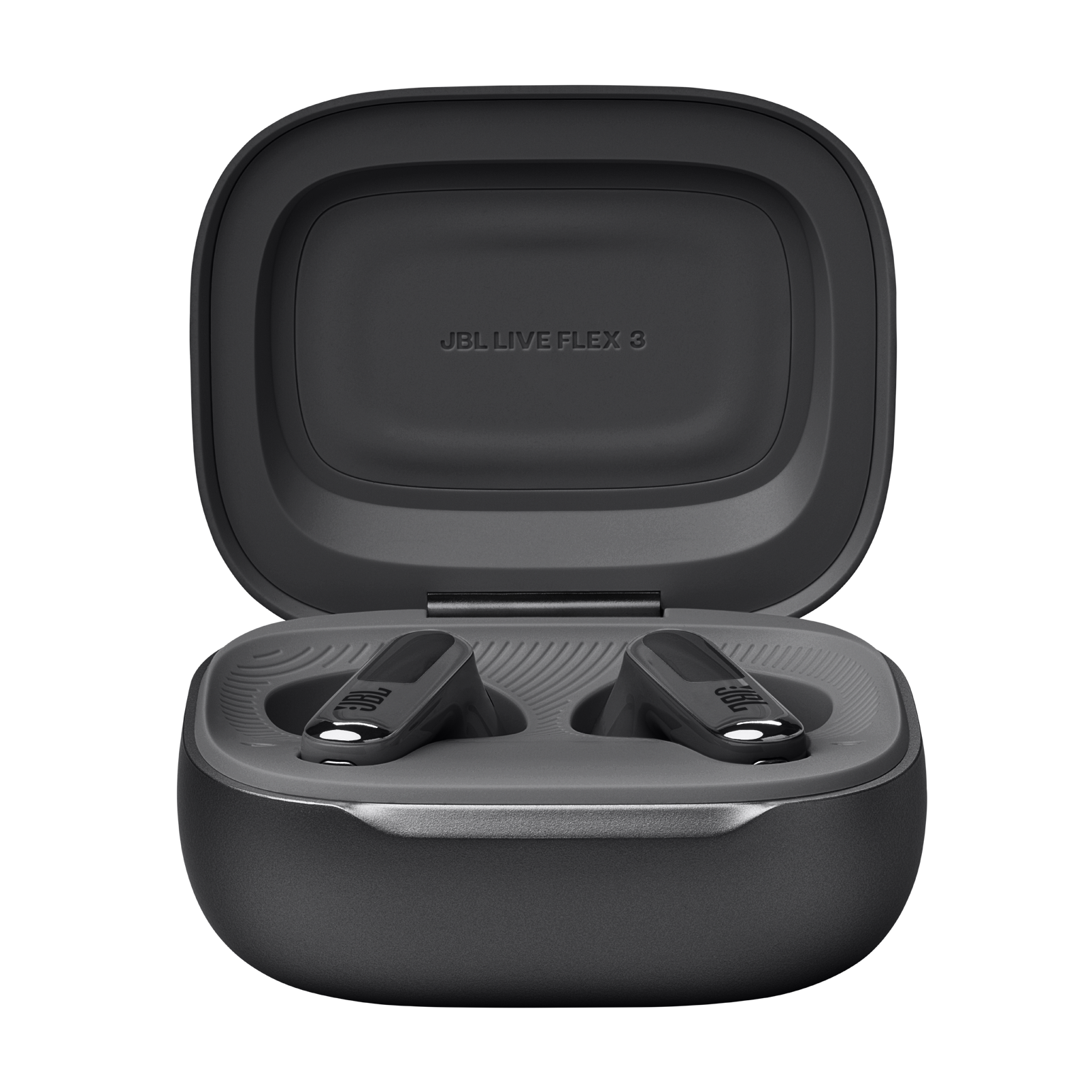 İçinde siyah JBL LIVE FLEX 3 kulaklıkların bulunduğu açık bir kutu. Kutu üzerinde JBL LIVE FLEX 3 yazılı.