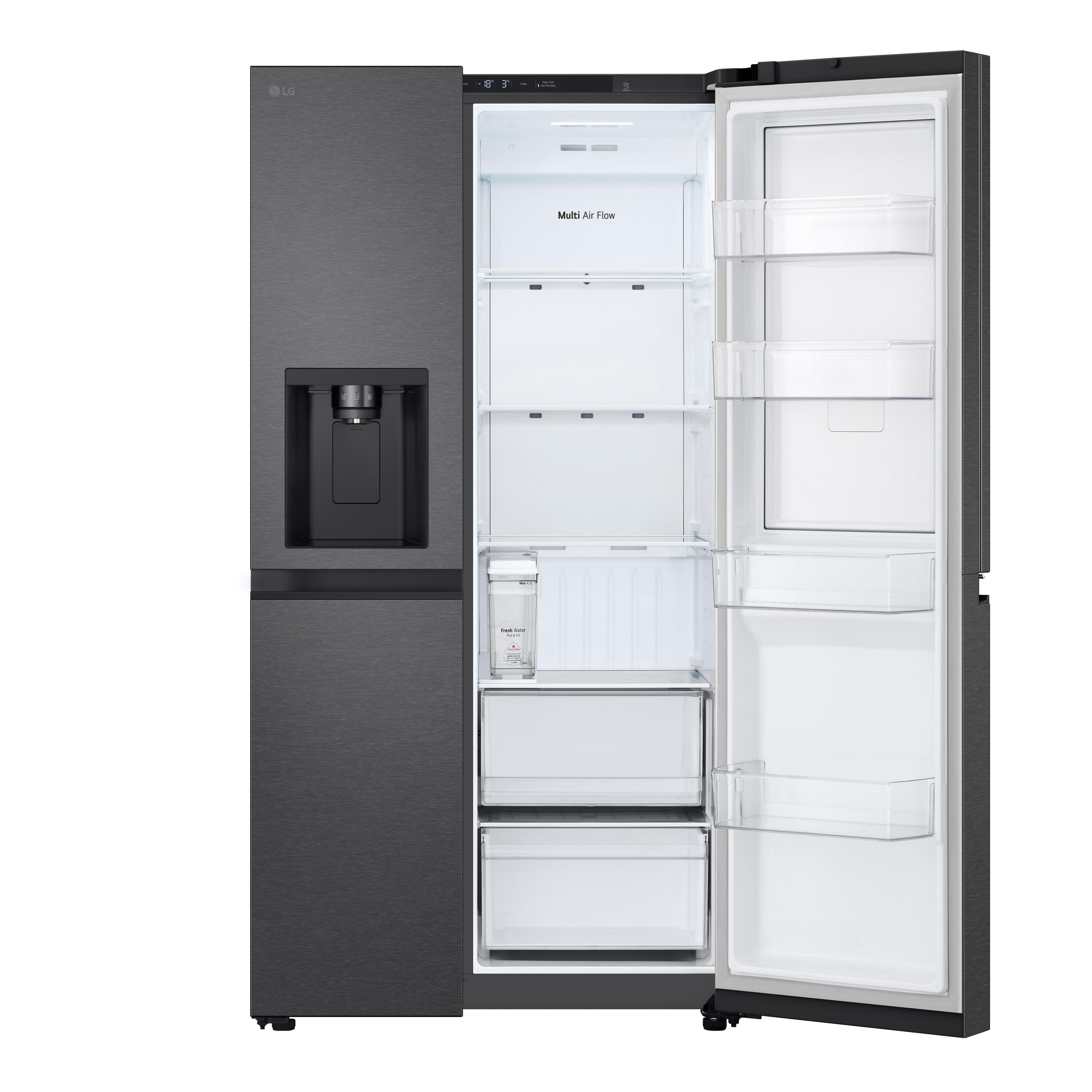 Schwarzer LG-Kühlschrank mit offener Tür. Innenregale und Schubladen sind sichtbar, mit dem Wasserspender an der Tür.