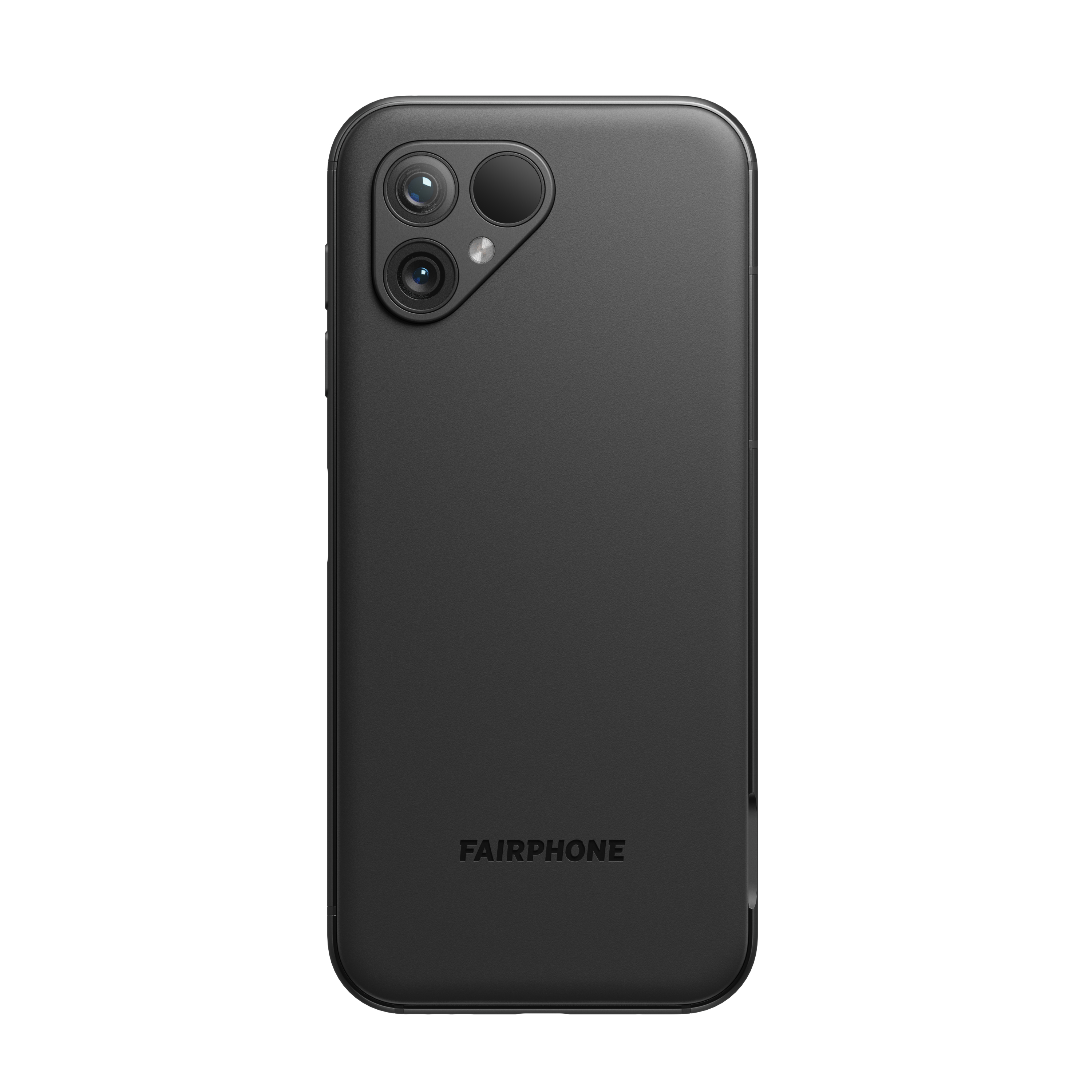 Schwarzes Fairphone von hinten, zeigt die Kamera und den Markennamen.