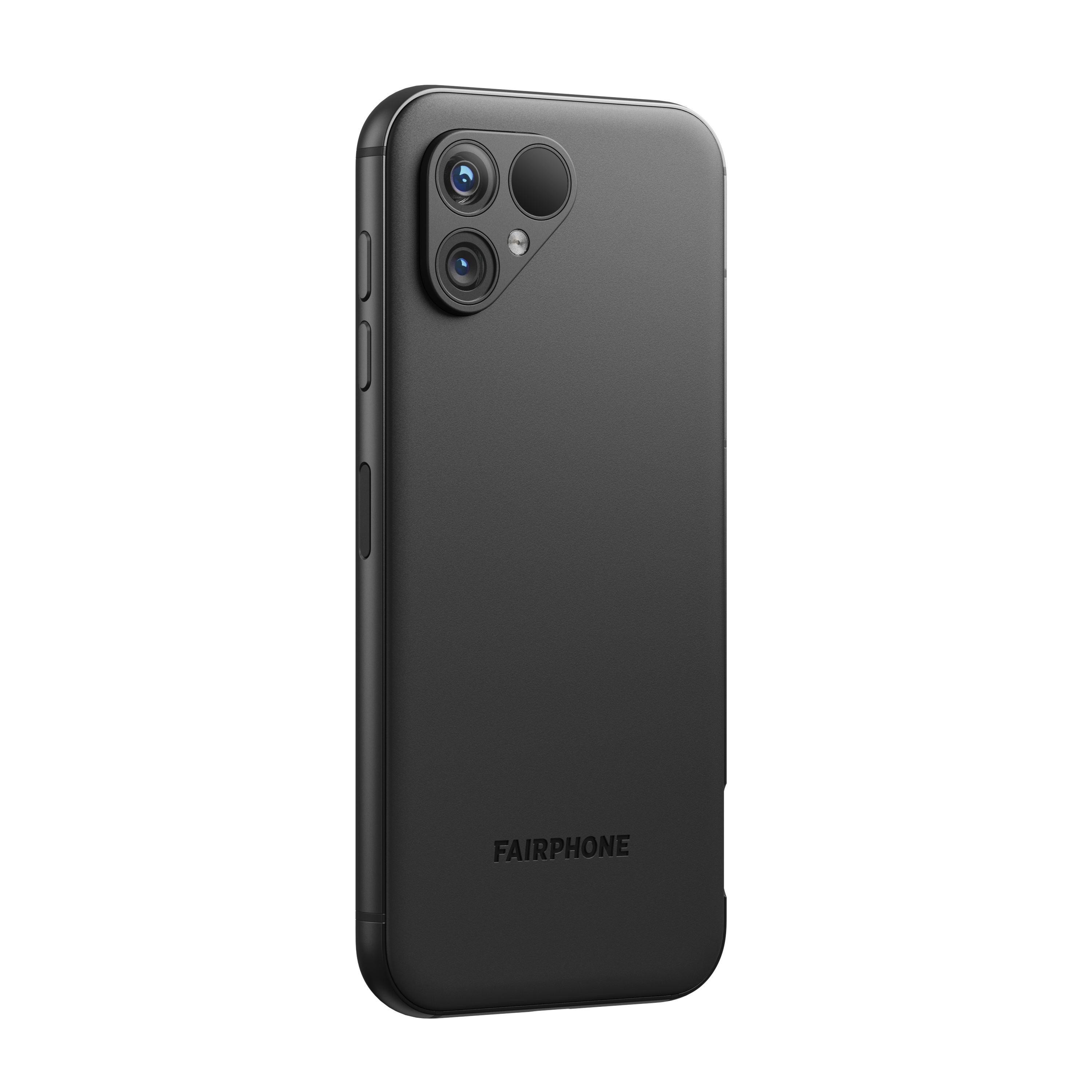 Schwarzes Fairphone-Smartphone, Rückseite mit Kameras und Fairphone-Logo.