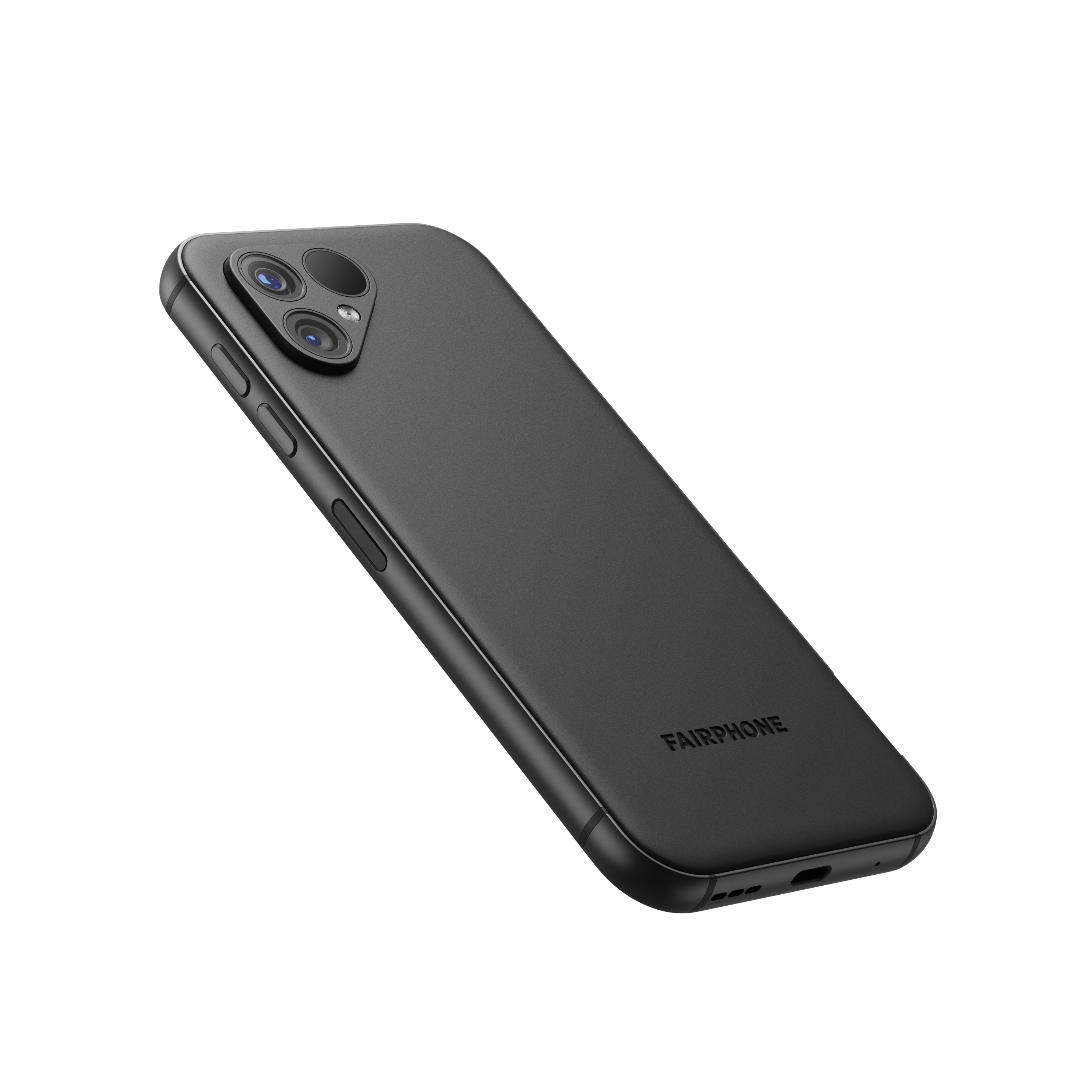 Ein schwarzes Smartphone mit Dreifachkamera und dem Fairphone-Logo auf der Rückseite, isoliert auf Weiß.