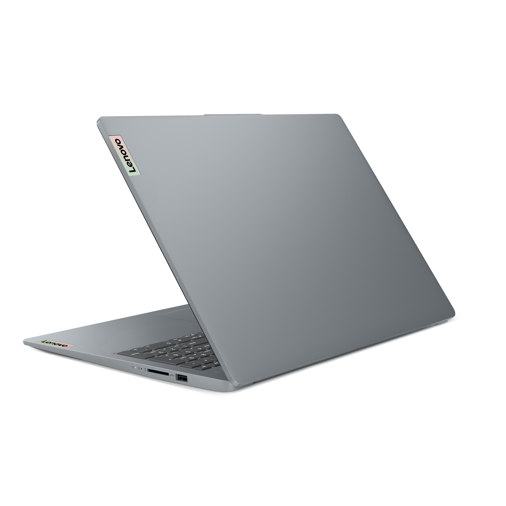 Lenovo logosu sol üstte bulunan gri bir dizüstü bilgisayar. Ekran bir açıyla açıktır.