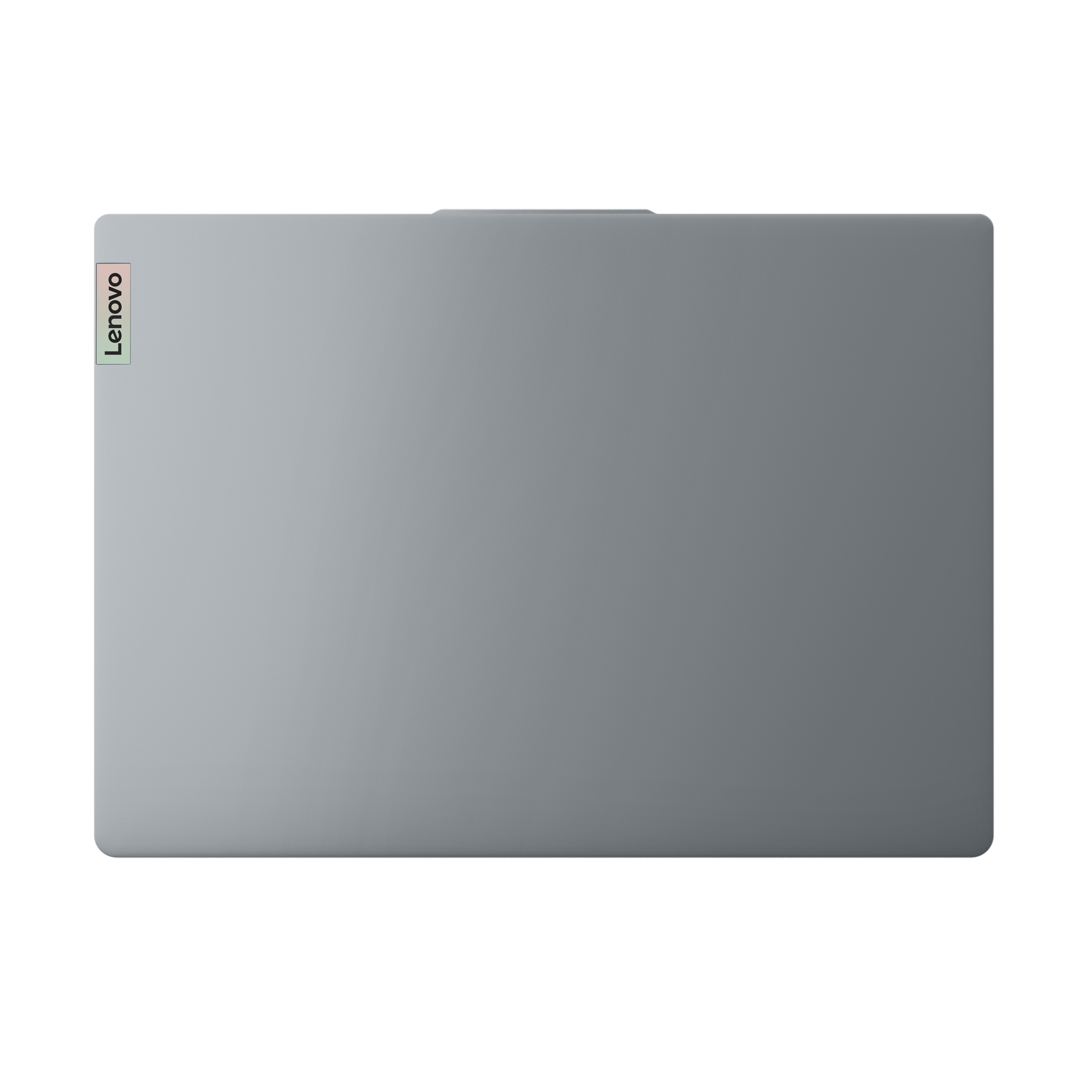 Lenovo logosunun sol köşesinde bulunduğu, gri bir dizüstü bilgisayar, yukarıdan görünüm. Siyah arka plan.