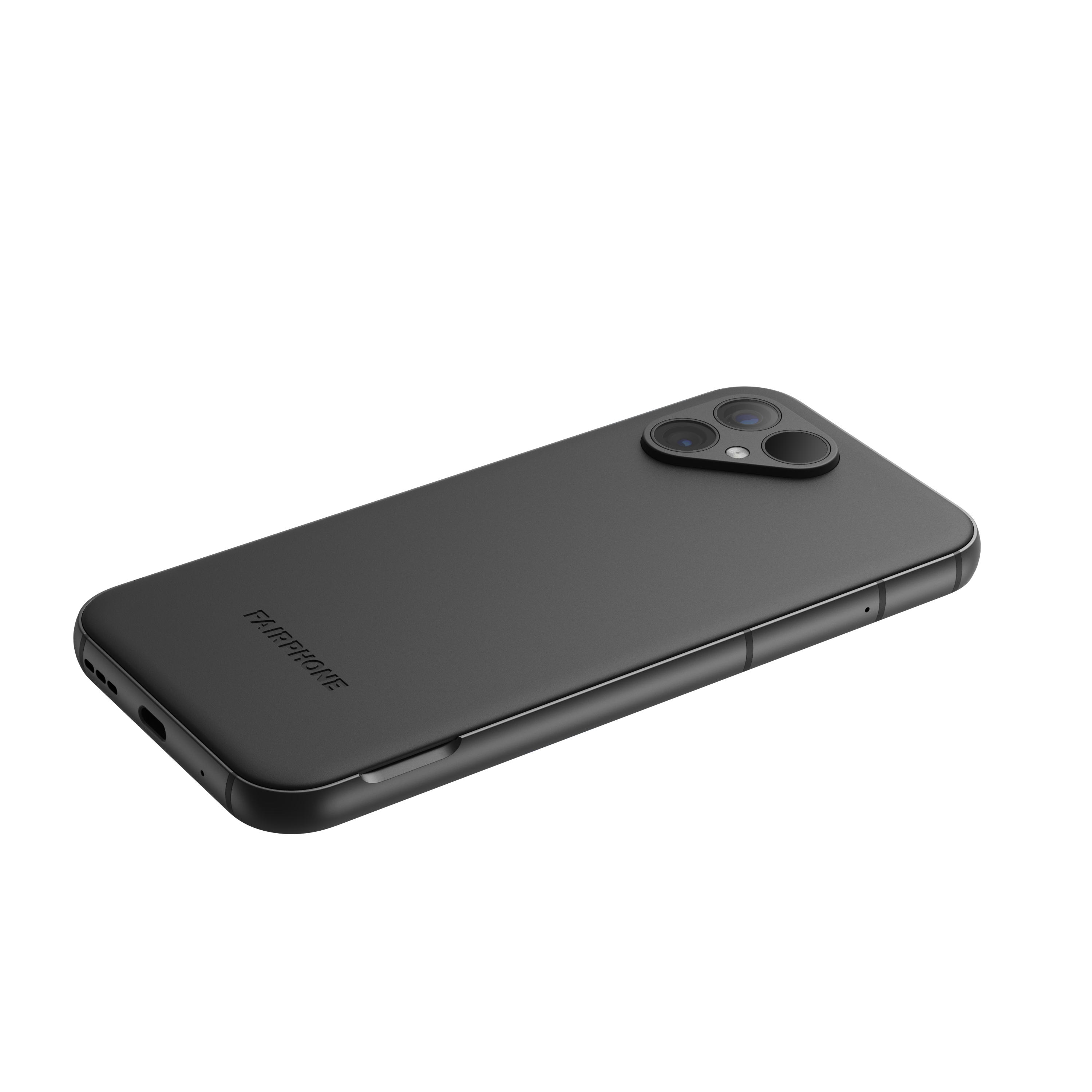 Schwarzes Fairphone von hinten, drei Kameras.