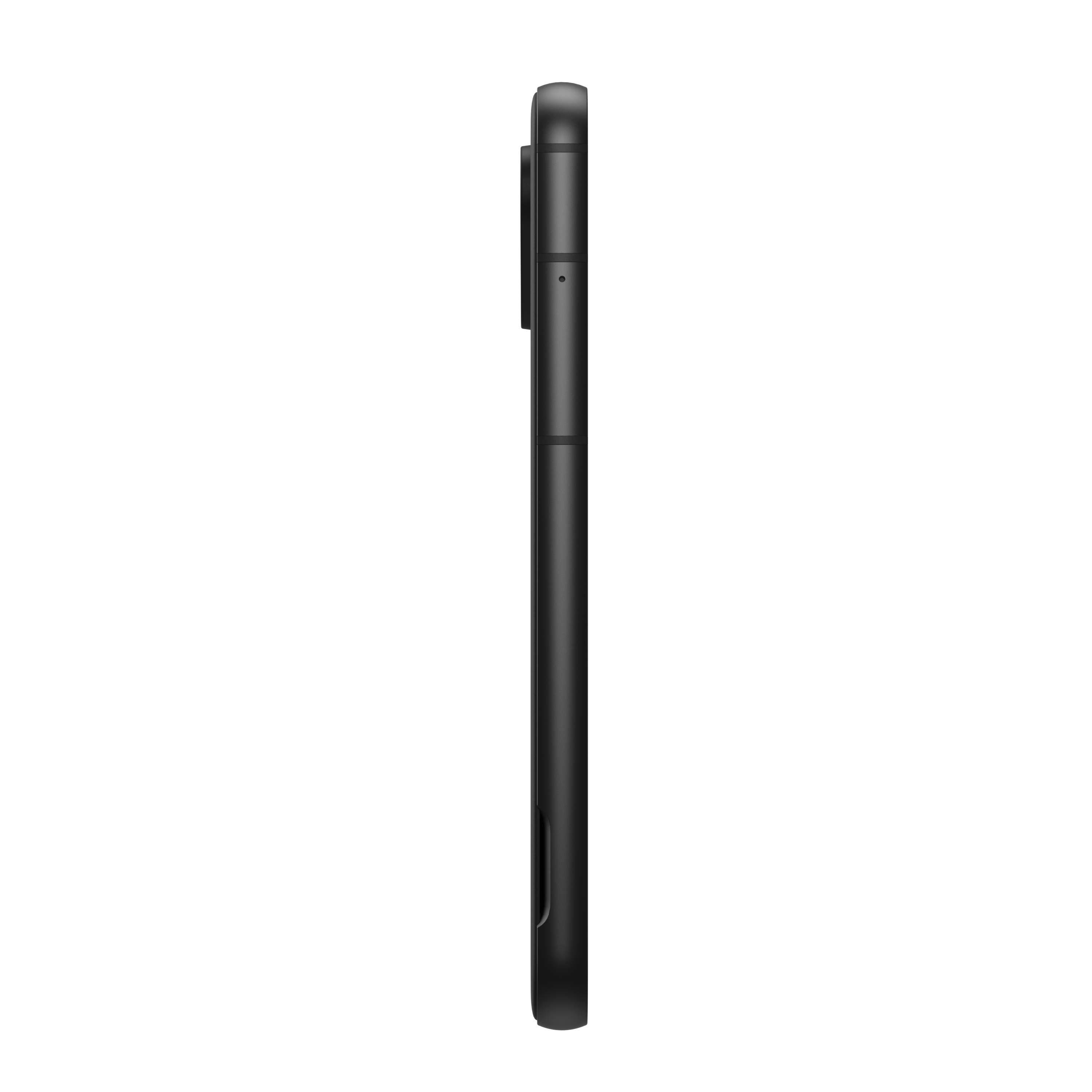 Ein schwarzes Smartphone im Profil. Es hat eine Kamerawölbung und ein dünnes Design.