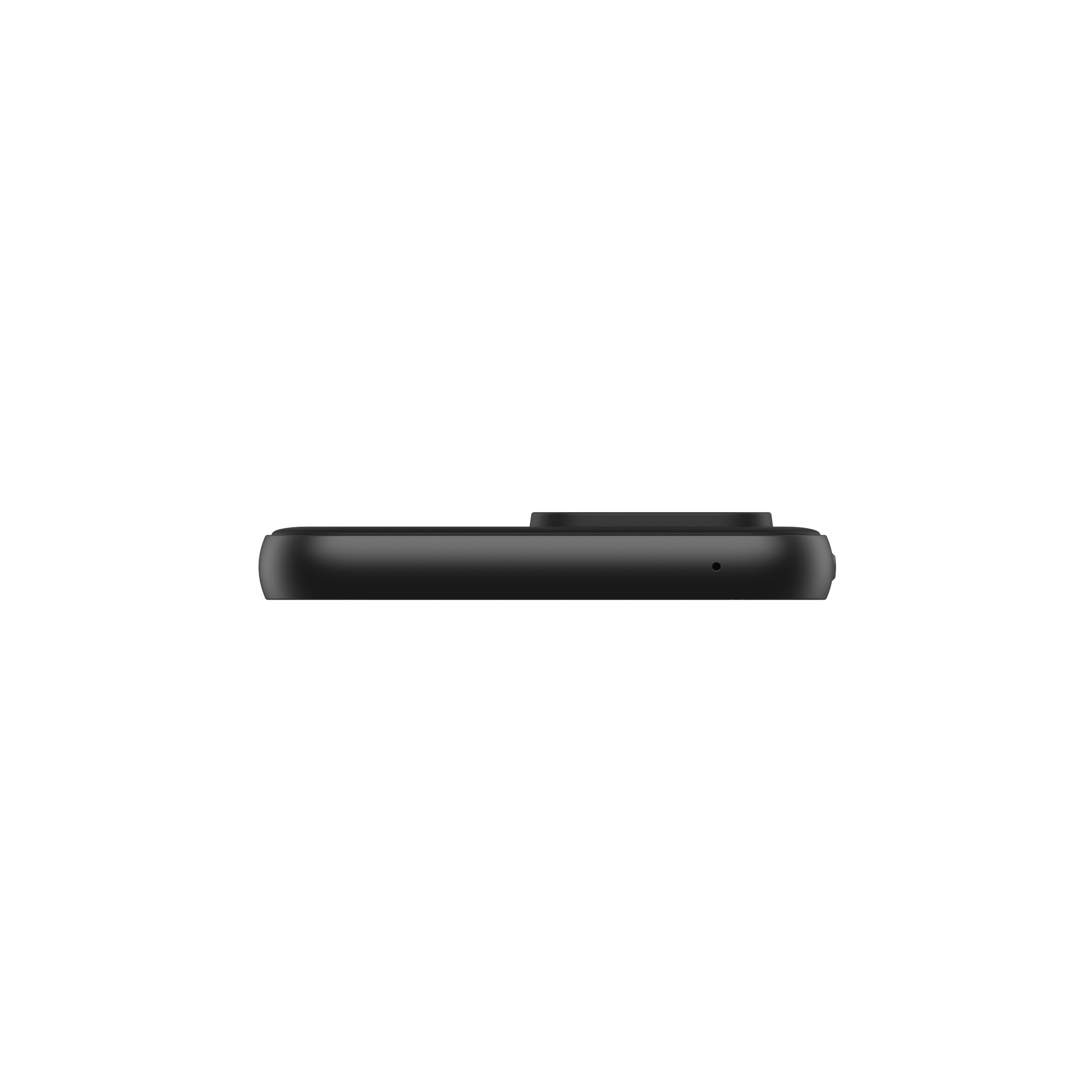 Ein schwarzes Smartphone mit Kamera-Erhebung auf weißem Hintergrund.