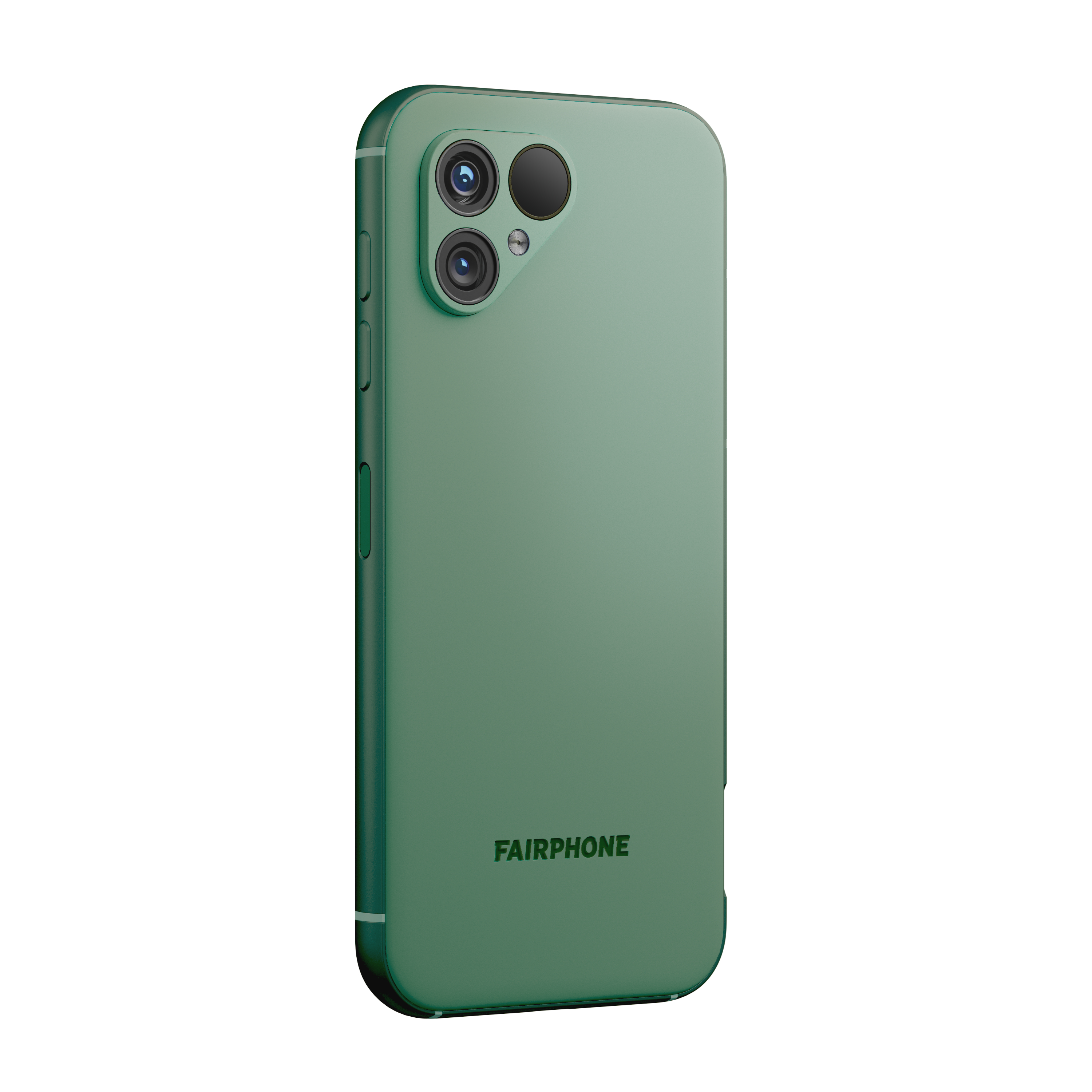 Ein grünes Fairphone mit drei Kameralinsen. Das Telefon ist mit der Rückseite zum Betrachter positioniert.