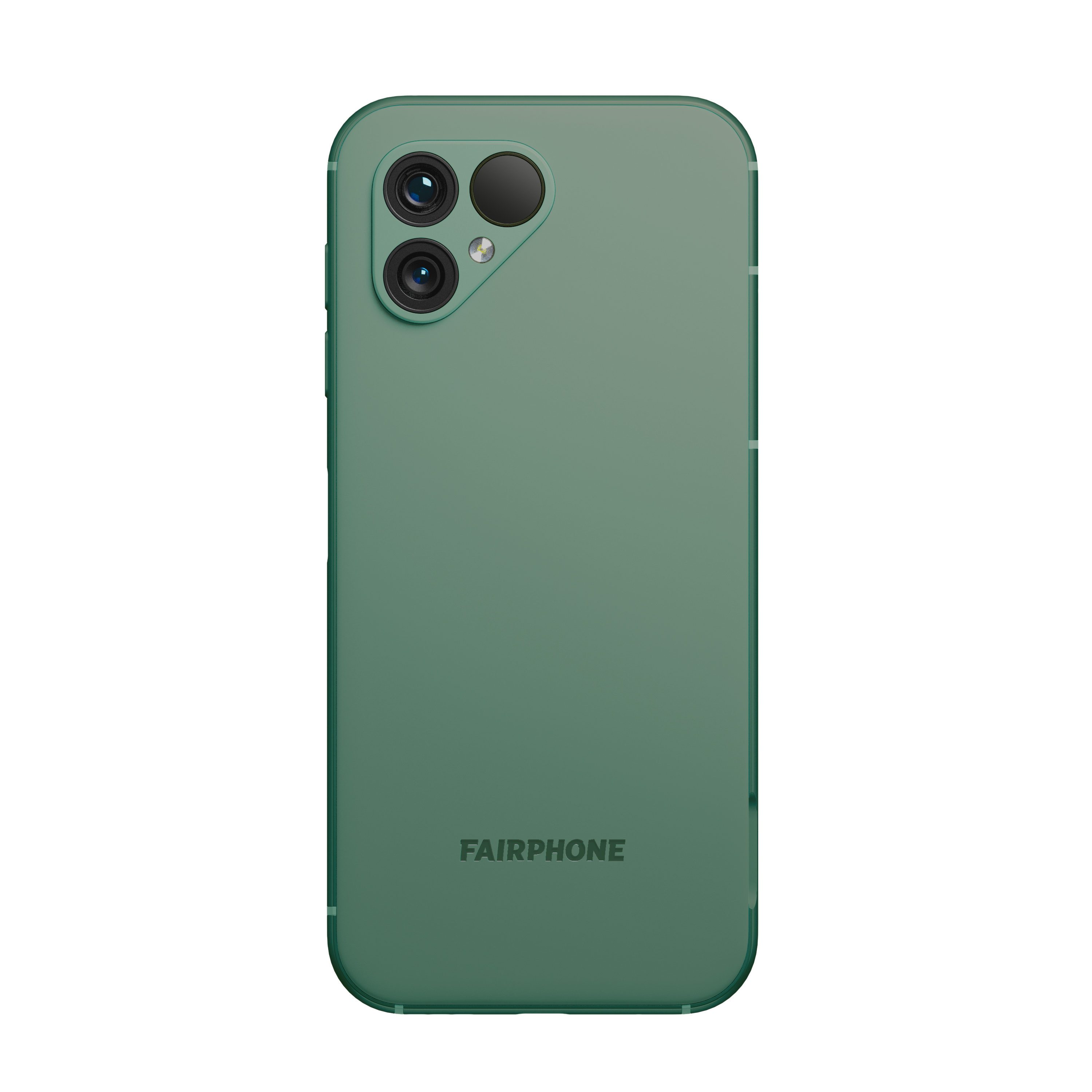 Ein grünes Fairphone-Smartphone mit drei Kameralinsen wird gezeigt.