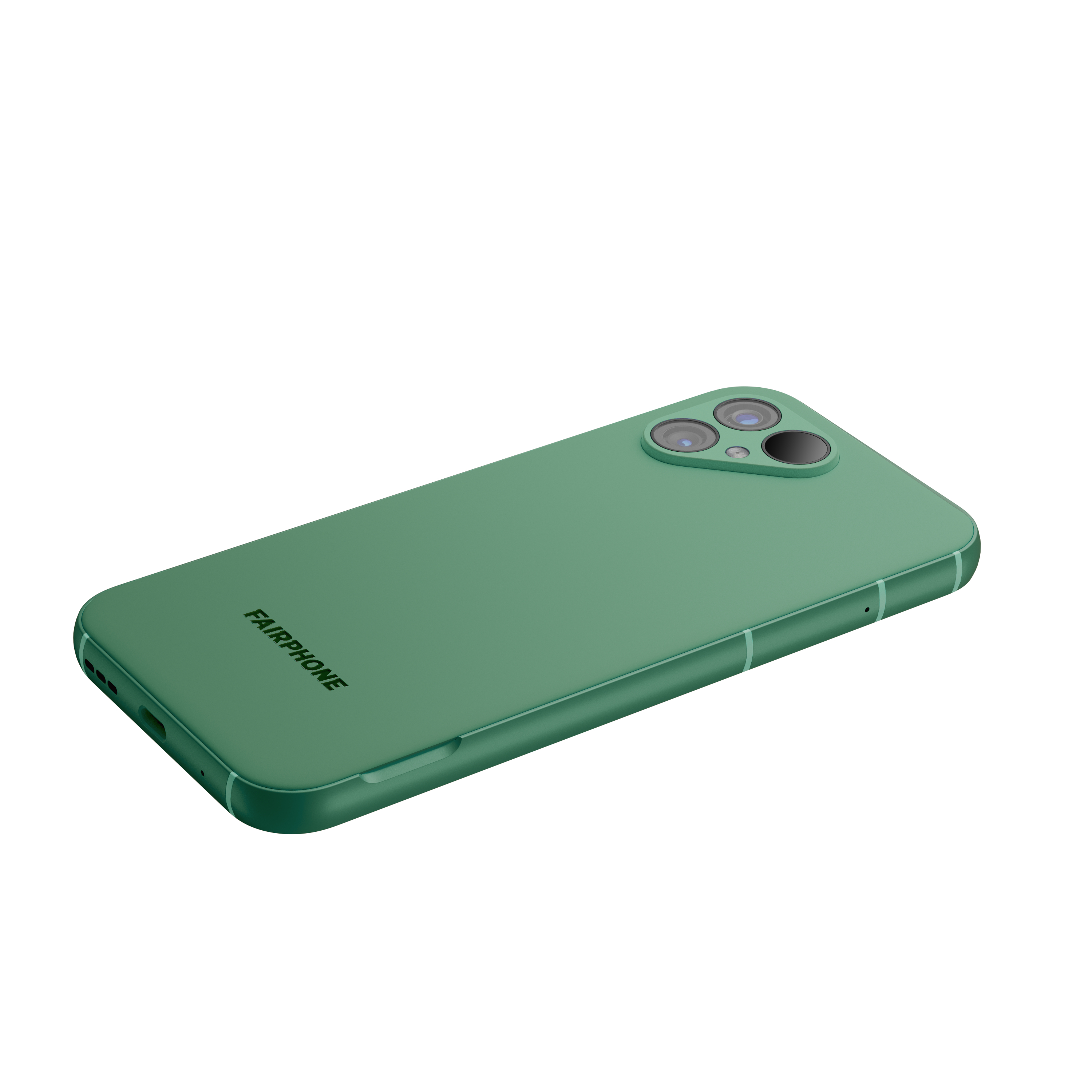 Grünes Fairphone Smartphone von hinten, mit drei Kameralinsen.