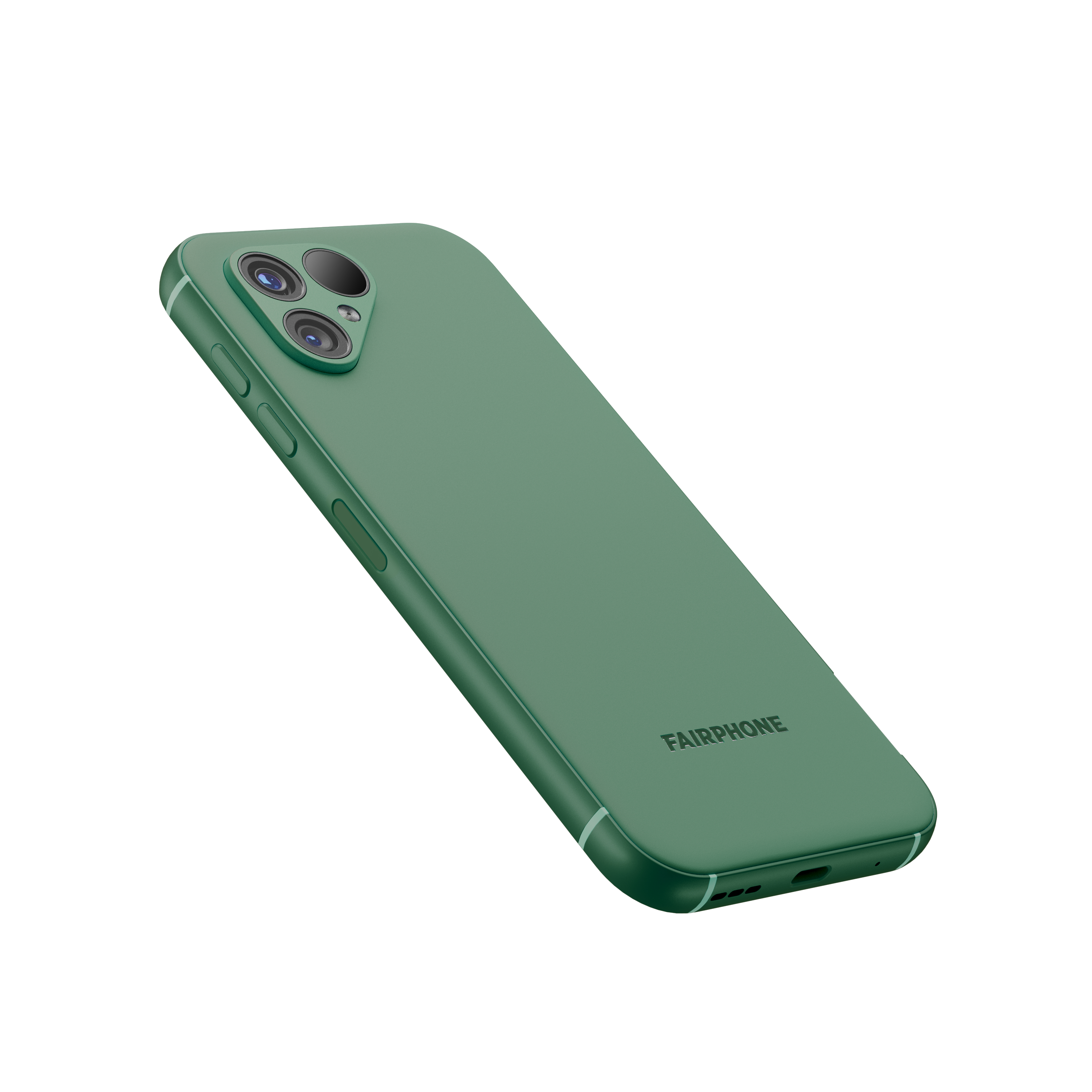 Ein grünes Smartphone mit Kamera und dem Fairphone-Logo.