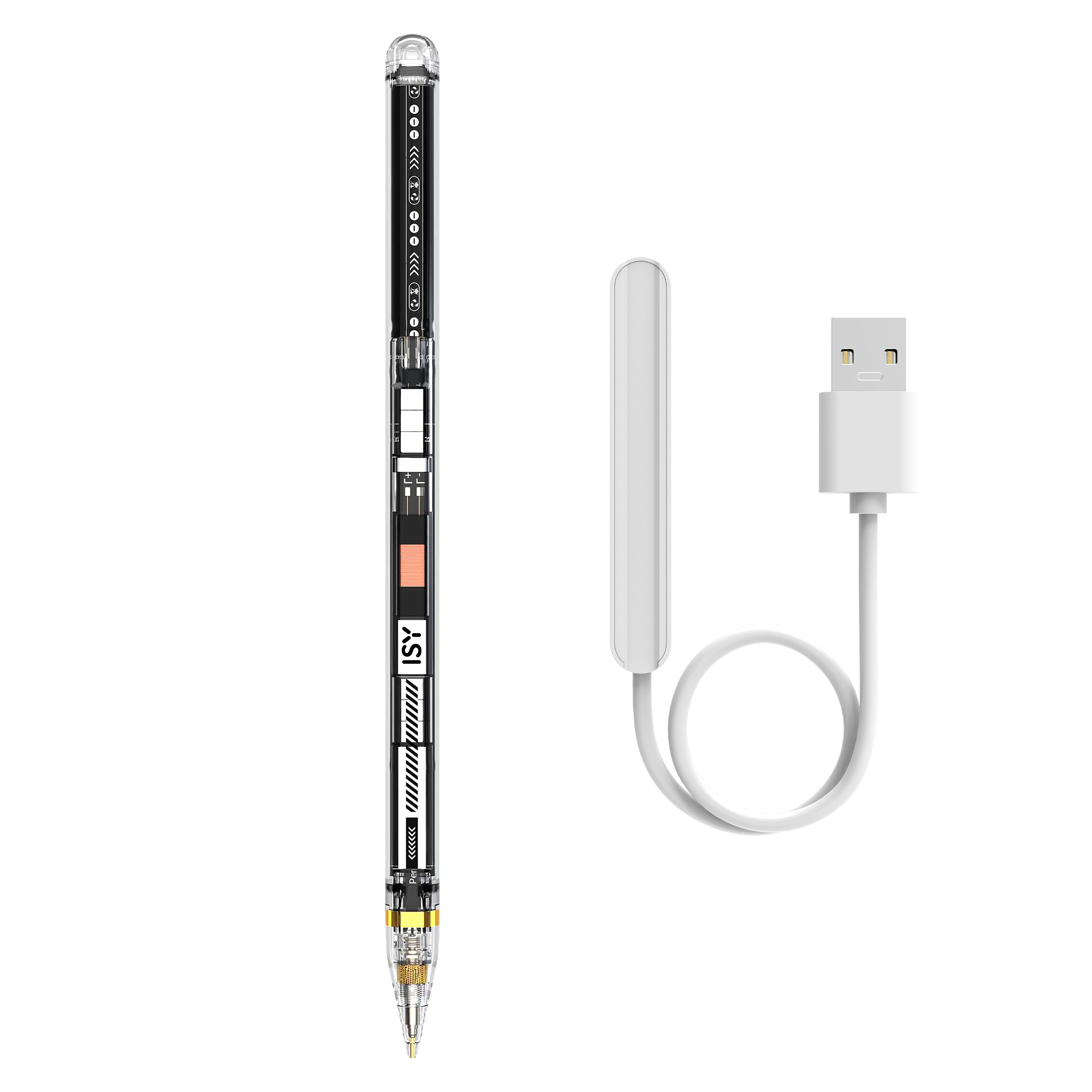 Ein weißer Stift und ein Ladekabel werden gezeigt.