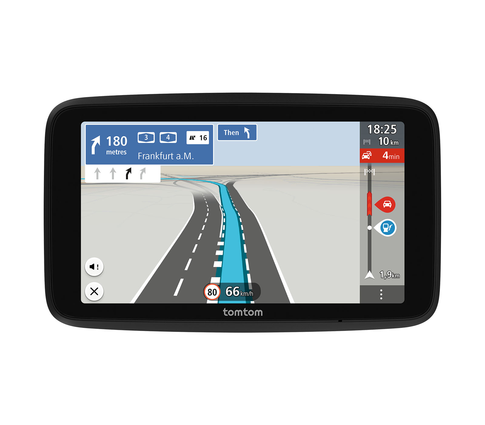 GPS-Navigationssystem, das eine Route anzeigt. Die Straße ist blau, die Geschwindigkeitsbegrenzung beträgt 80 km/h, die Zeit ist 18:25.