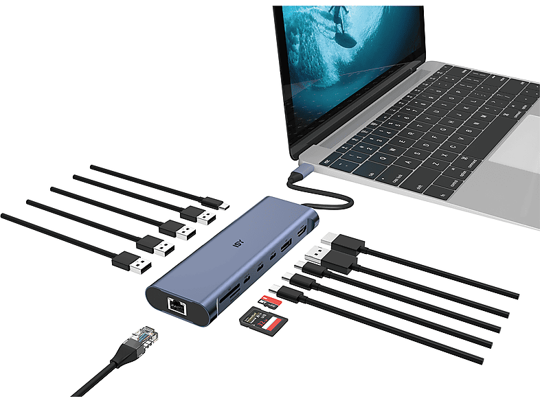 ISY IAD-1036 13-in-1 USB C Multiport Adapter + Power Delivery, Silber; Multiport-Adapter — Foto 2 von 2