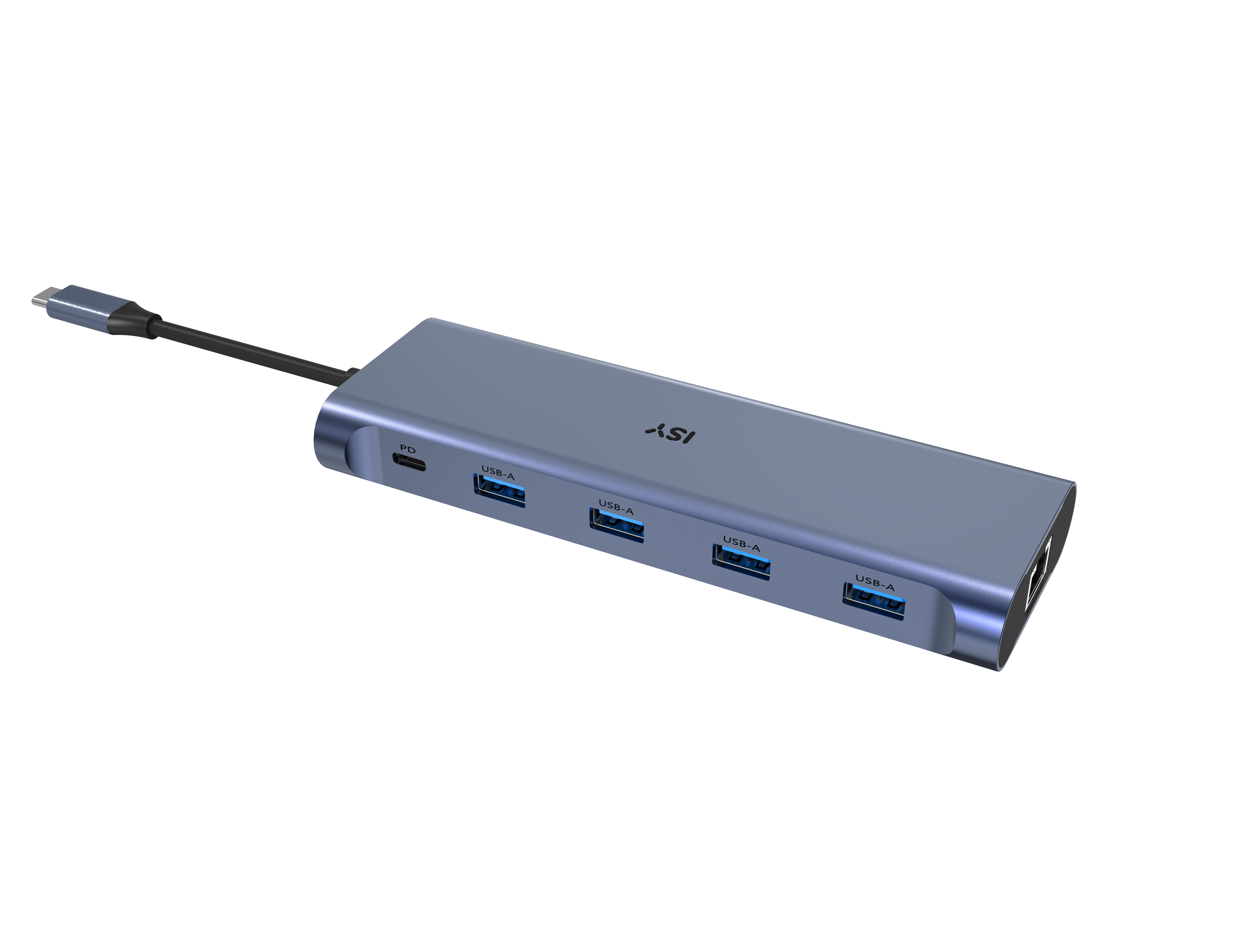 Blauer USB-C-Hub mit mehreren USB-A-Anschlüssen, einem PD-Anschluss und einem schwarzen Kabel auf weißem Grund.