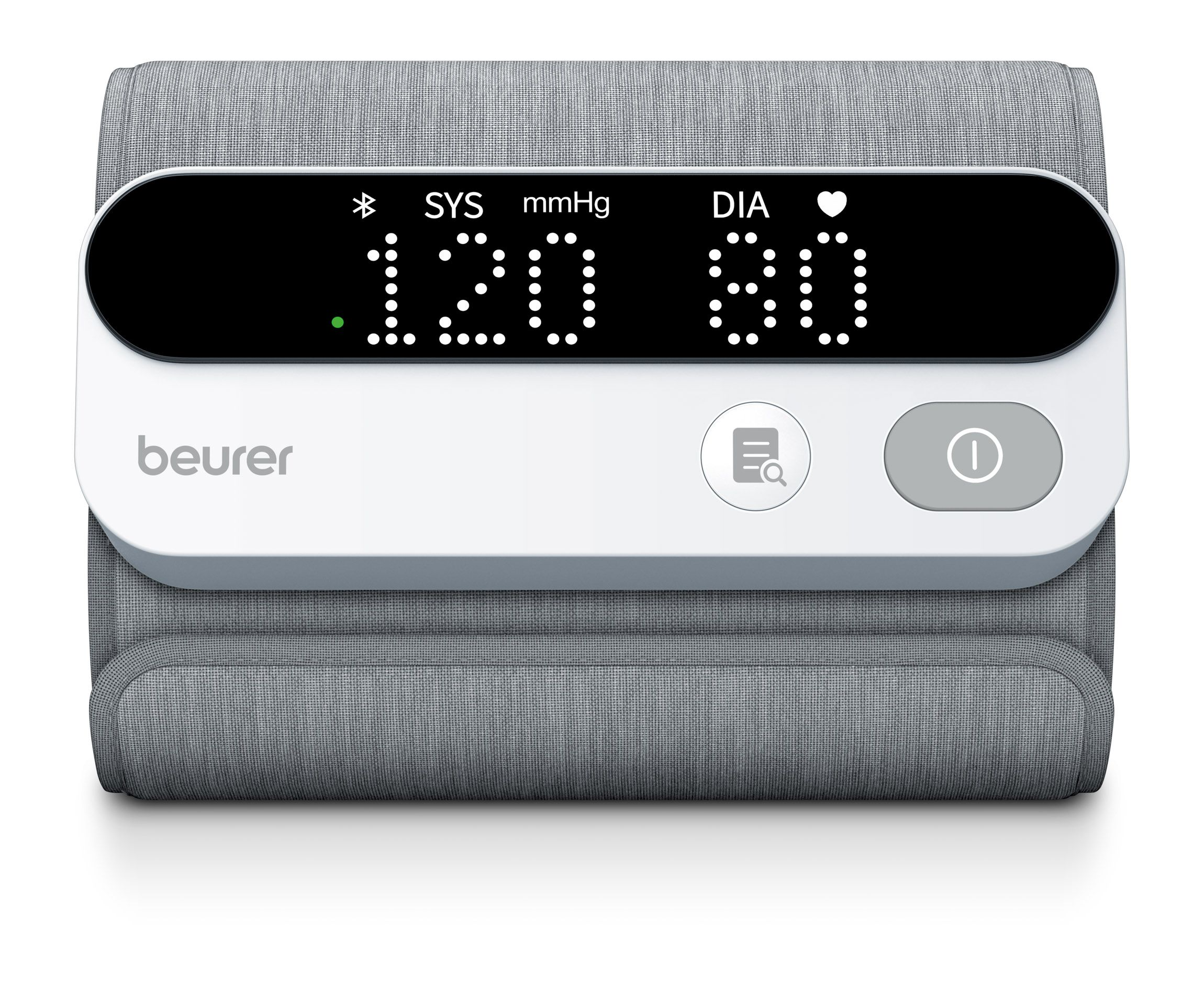 Ein digitales Blutdruckmessgerät zeigt 120/80 mmHg an. Das Gerät hat eine graue Manschette und ein weißes Display mit Bluetooth- und Herzsymbolen.