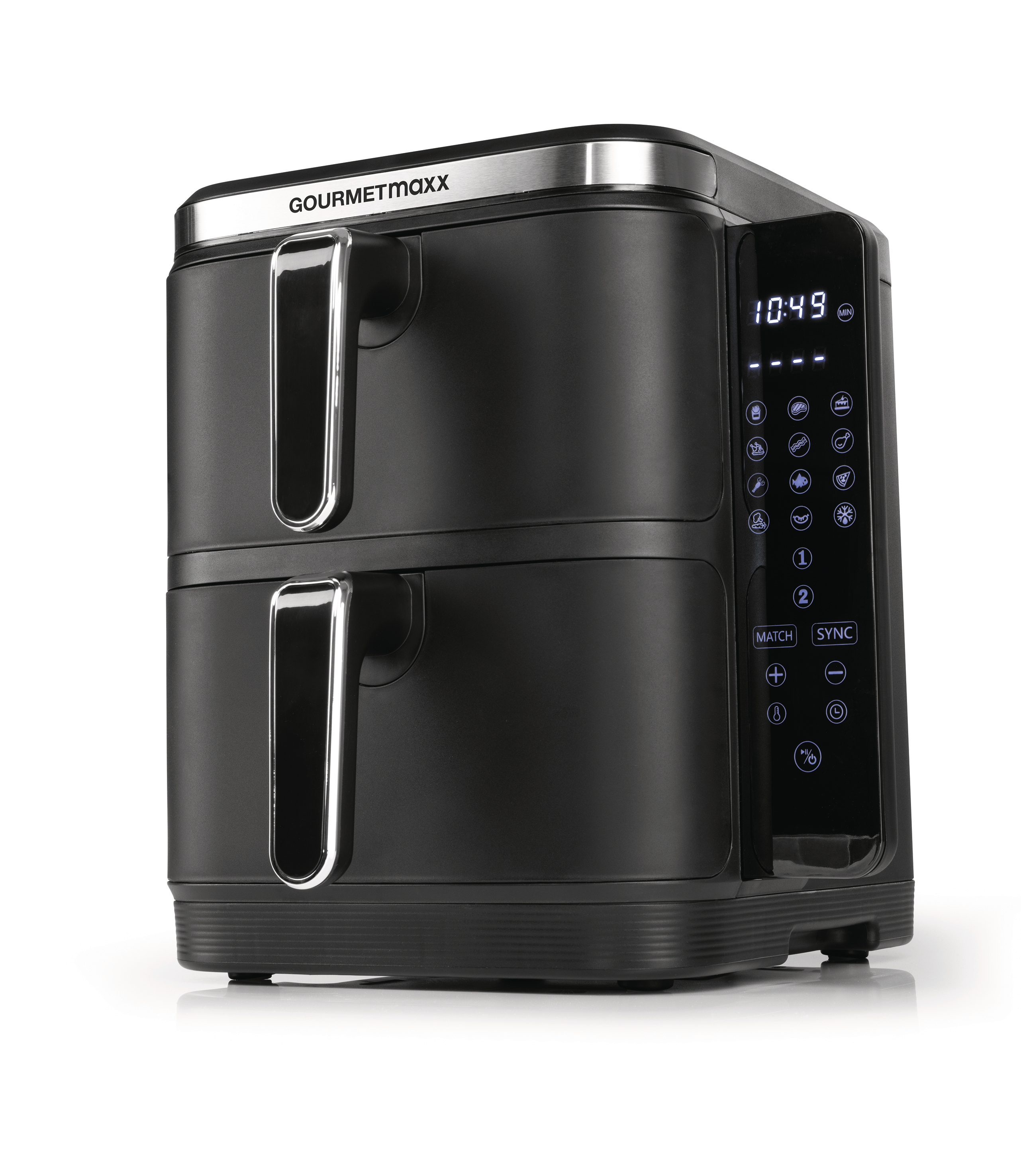 Schwarze Doppel-Heißluftfritteuse mit Digitaldisplay und Bedienfeld. Silberne Akzente.