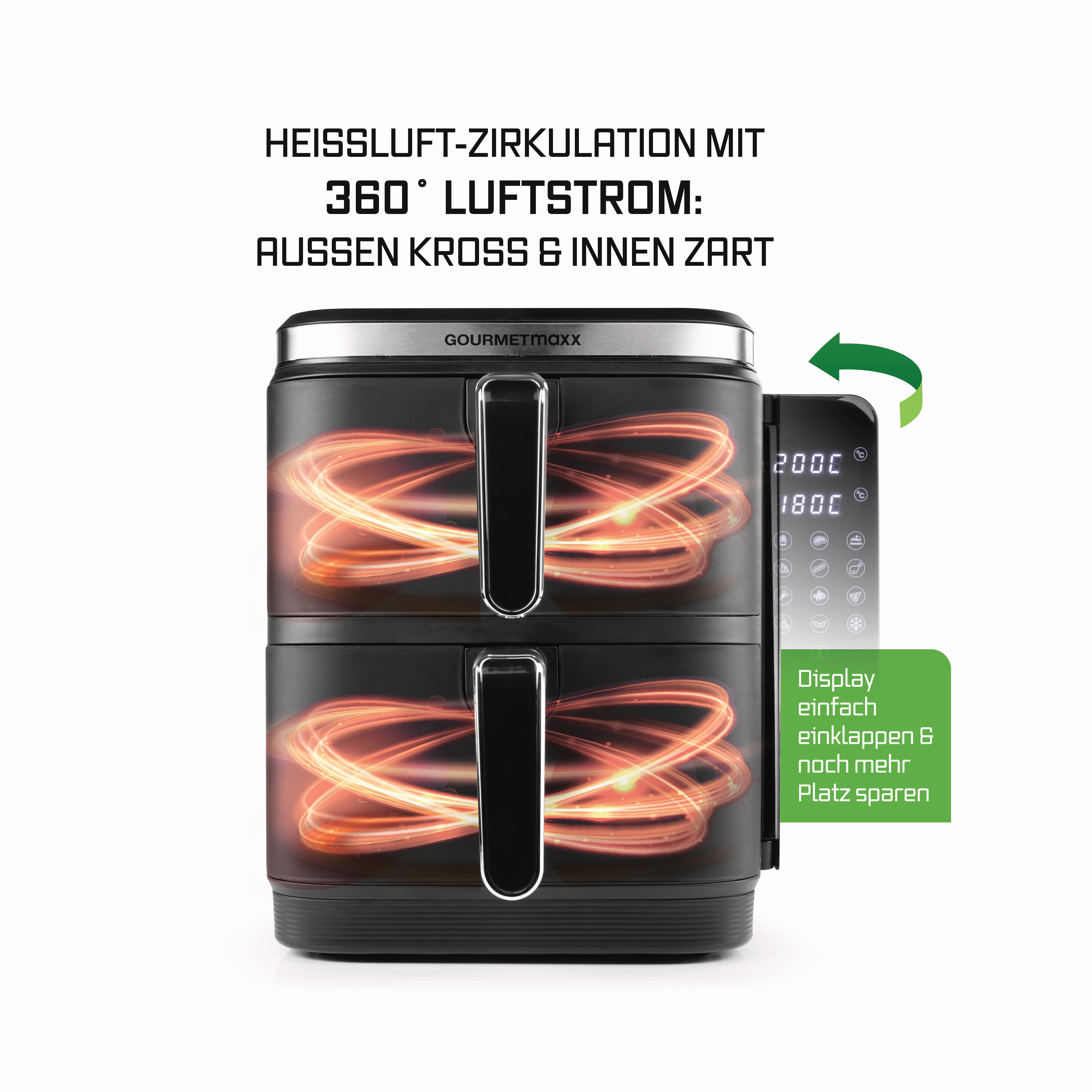 Eine schwarze Heißluftfritteuse zeigt ein zweischichtiges Design mit Digitalanzeige.
