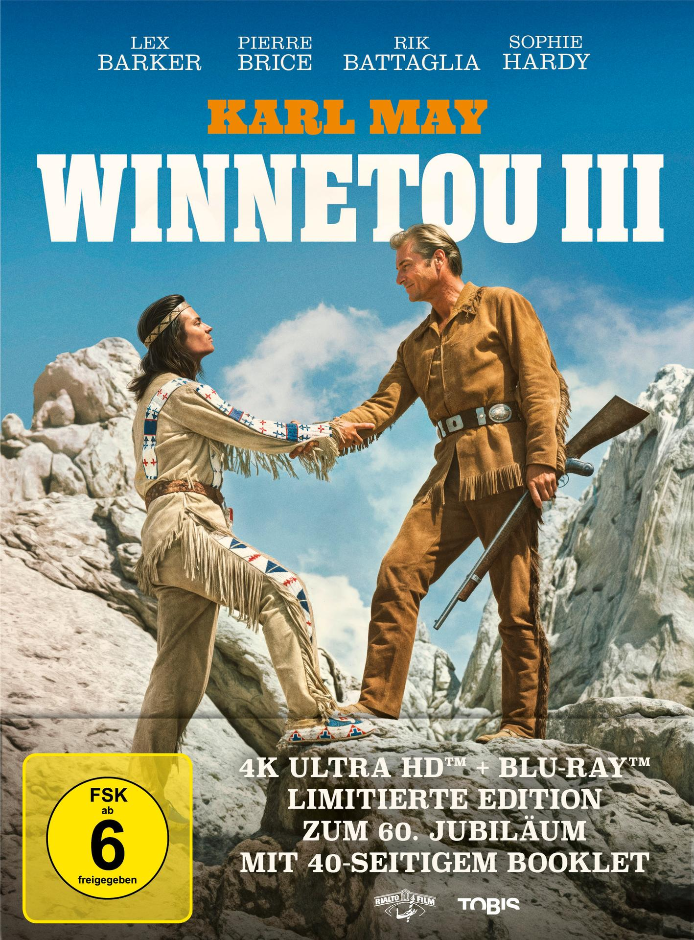 Ein Filmplakat mit zwei Personen in Cowboy-Kleidung auf einem Berg. Text beinhaltet Winnetou III.