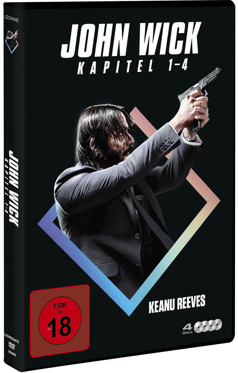 DVD-Hülle von John Wick mit Keanu Reeves, der eine Waffe hält. Schwarzer Hintergrund mit Text.