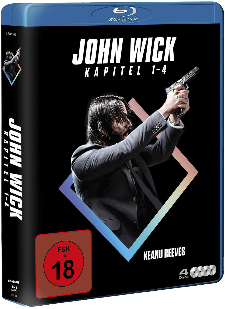 Blaue John Wick Filmbox-Set. Keanu Reeves ist auf dem Cover abgebildet. Die FSK-Altersfreigabe ist 18.