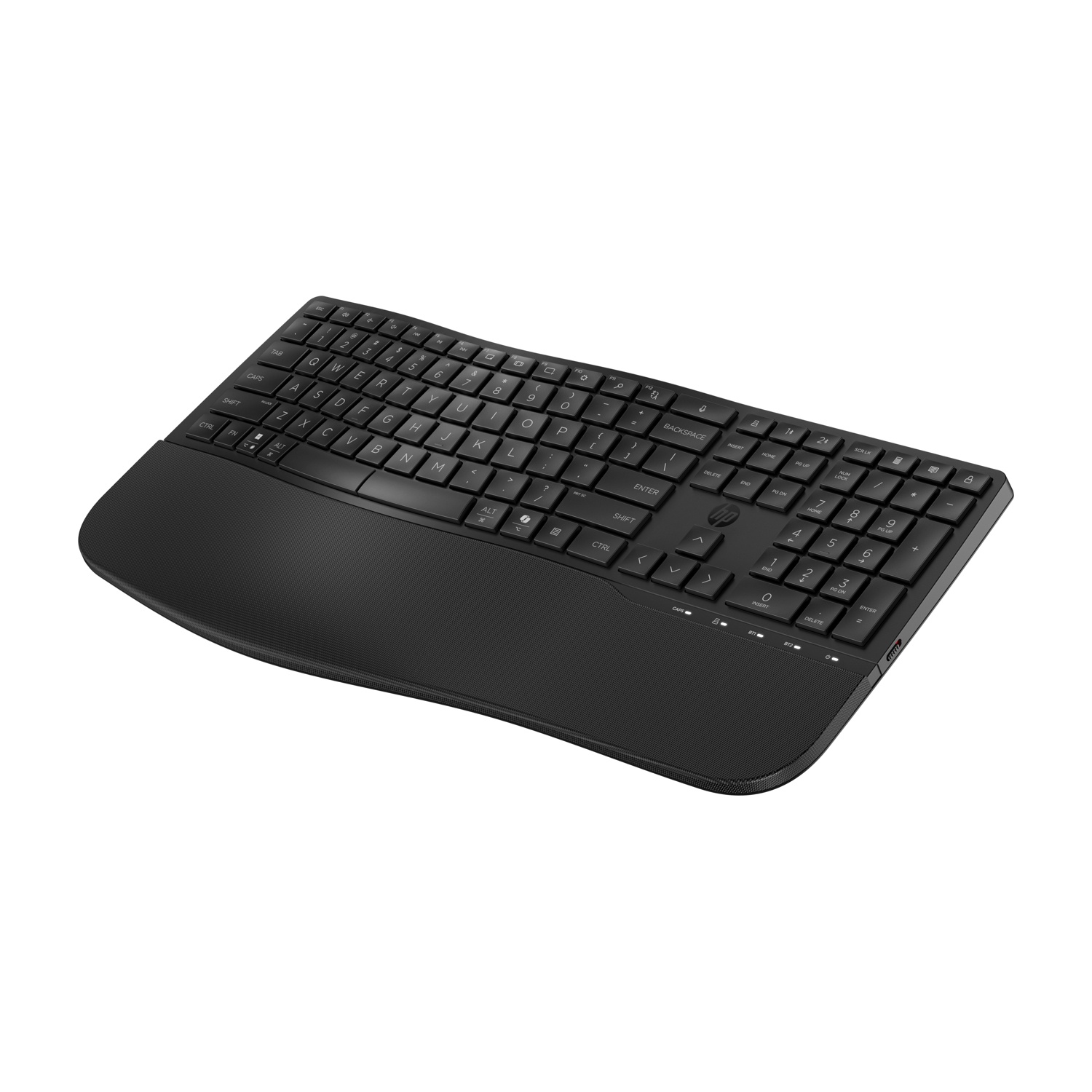 Una tastiera ergonomica nera con poggiapolsi, vista angolata, su sfondo bianco.