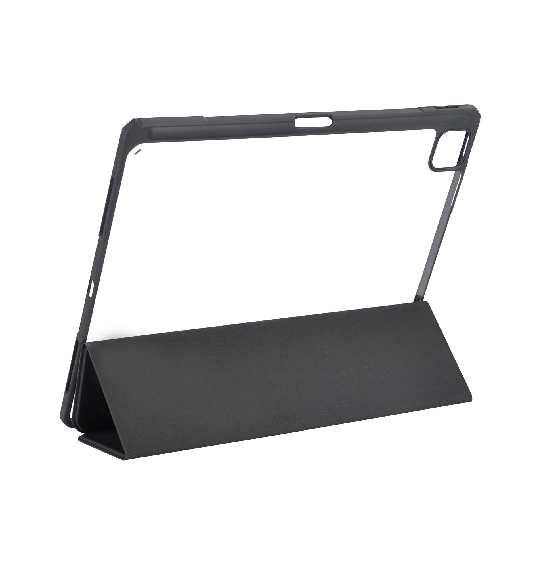 Schwarze Tablethülle mit klarem Rahmen, gefaltet und auf weißem Hintergrund platziert. Die Hülle ist offen.