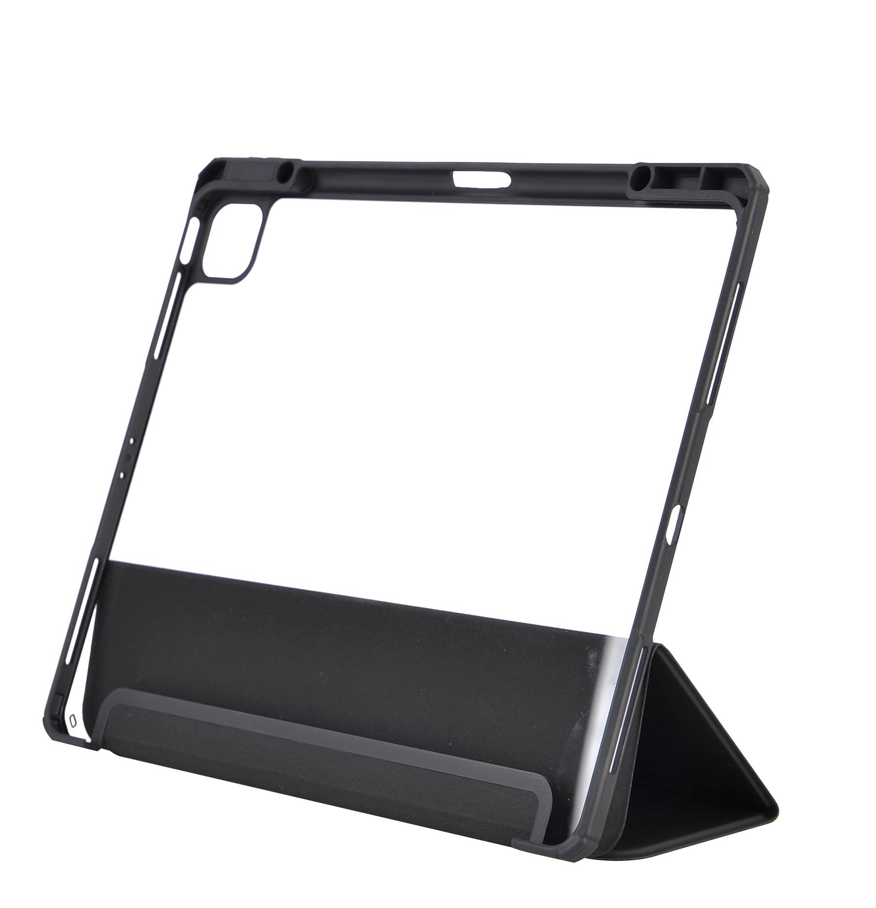 Schwarze iPad-Hülle mit klarer Frontabdeckung und faltbarem Ständer. Die Hülle ist offen.