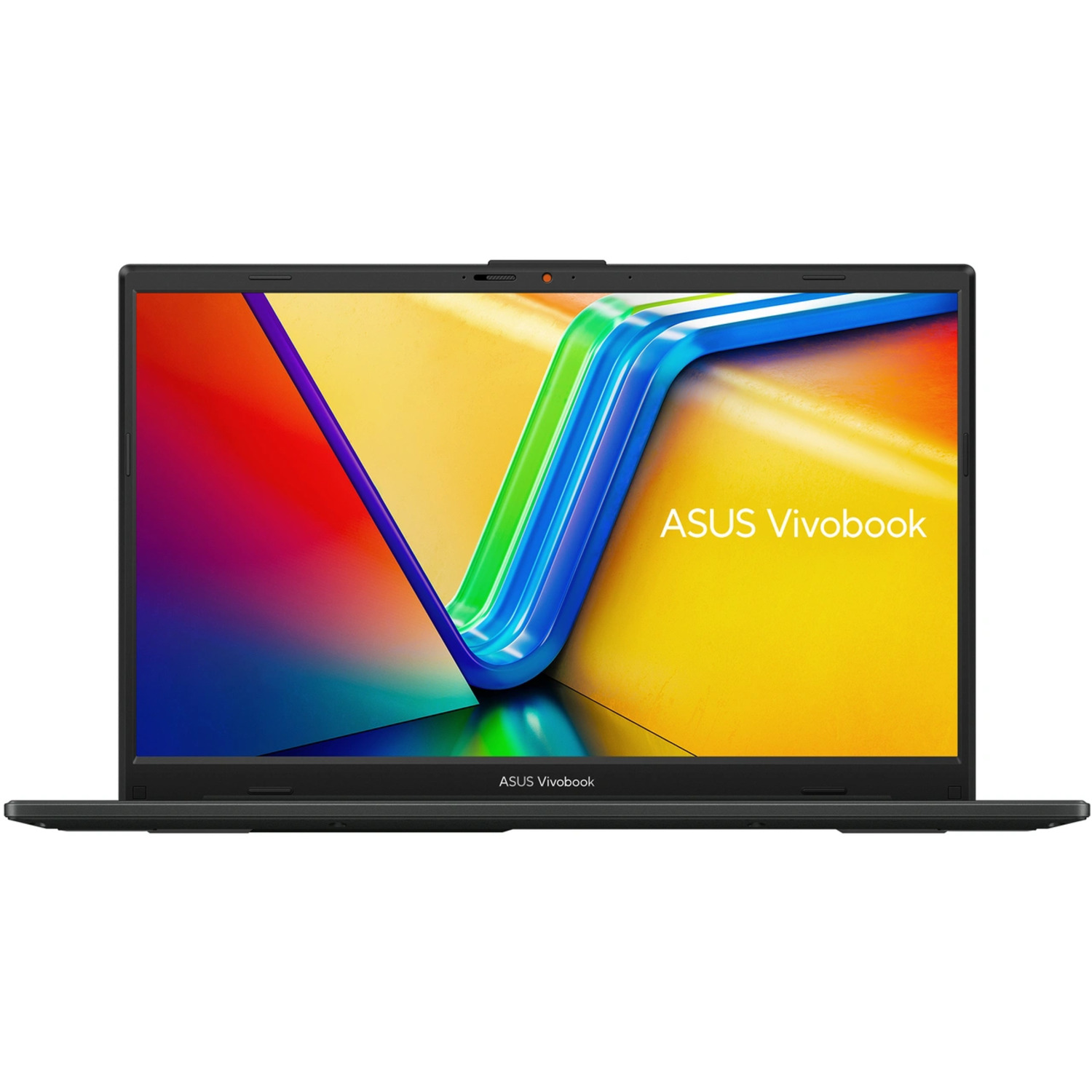 Een zwarte Asus Vivobook laptop open op een kleurrijke achtergrond.