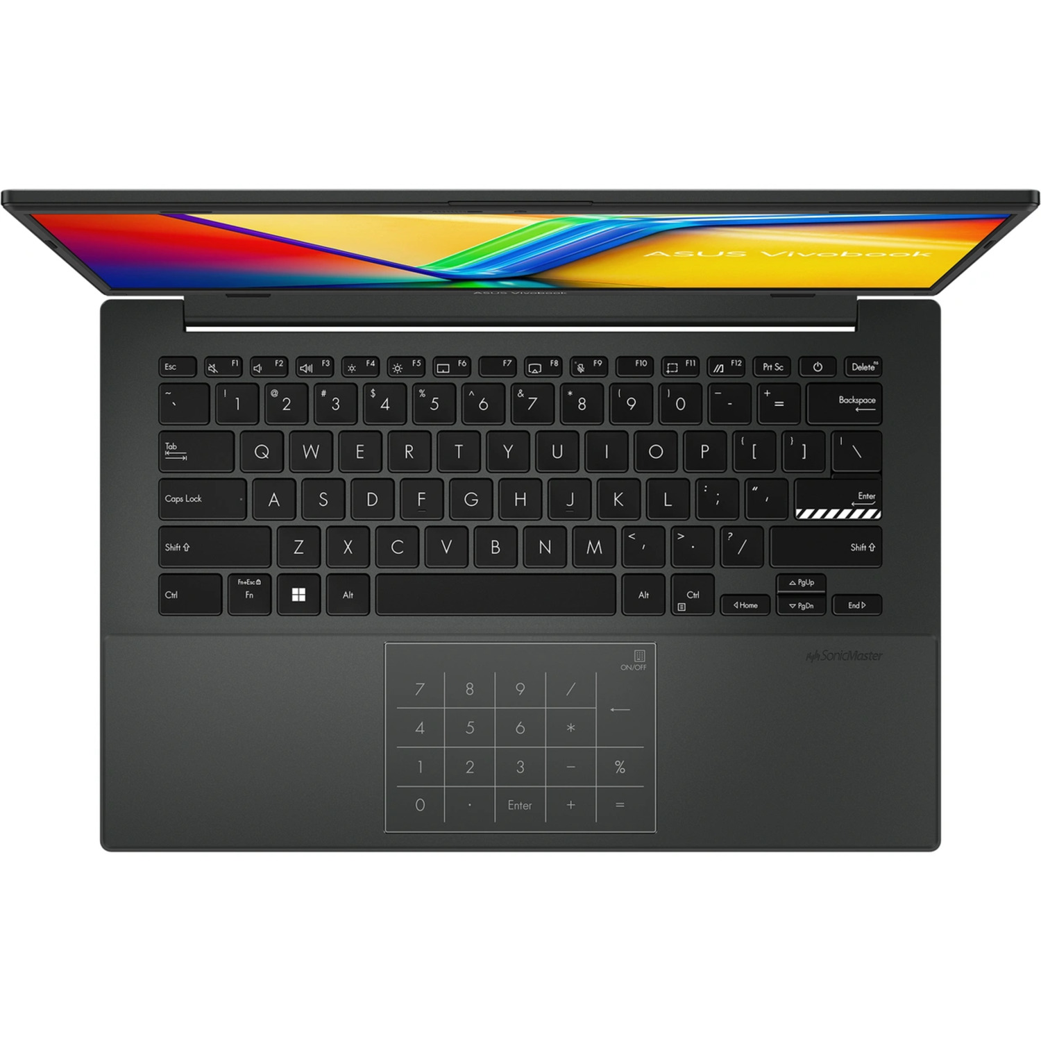 Asus laptop, open, toetsenbord weergave, zwarte toetsen, top view.