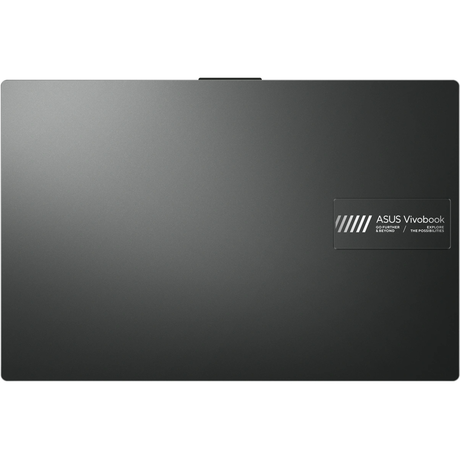Donkergrijze laptopdeksel met ASUS Vivobook-logo. De deksel heeft een matte afwerking. Het logo staat rechtsonder.