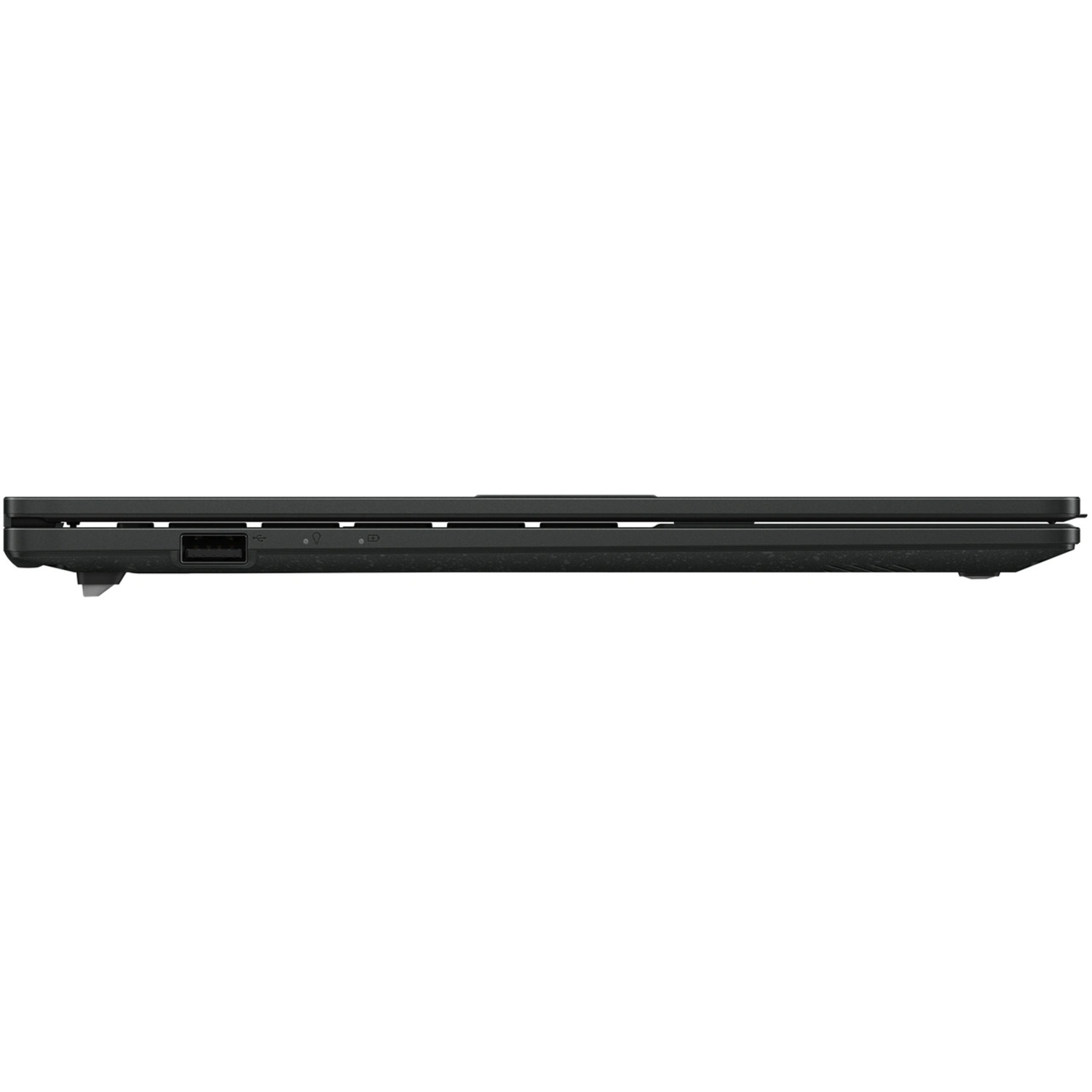 Zijaanzicht van een gesloten, zwarte laptop met zichtbare poorten, tegen een witte achtergrond.