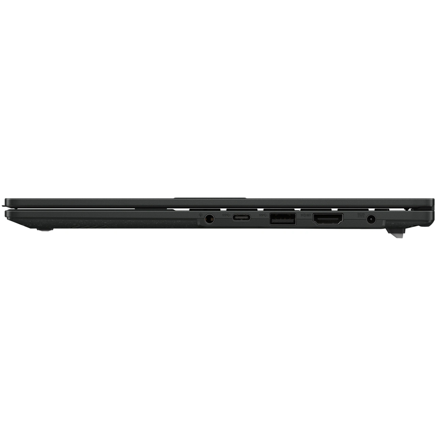 Zijaanzicht van een zwarte laptop, met poorten aan de zijkant tegen een witte achtergrond.