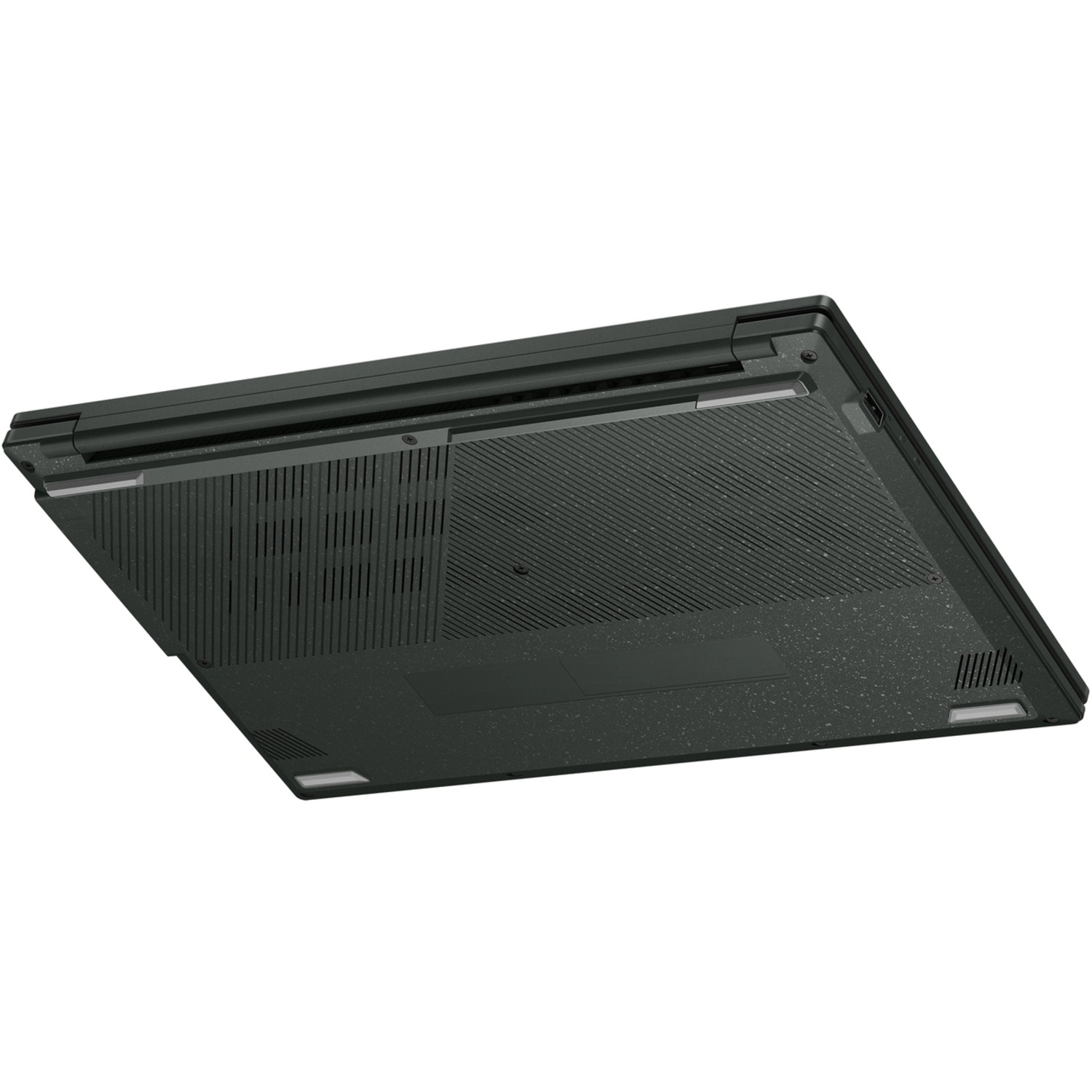 Onderaanzicht van de laptop, met ventilatie, poorten en texturen.