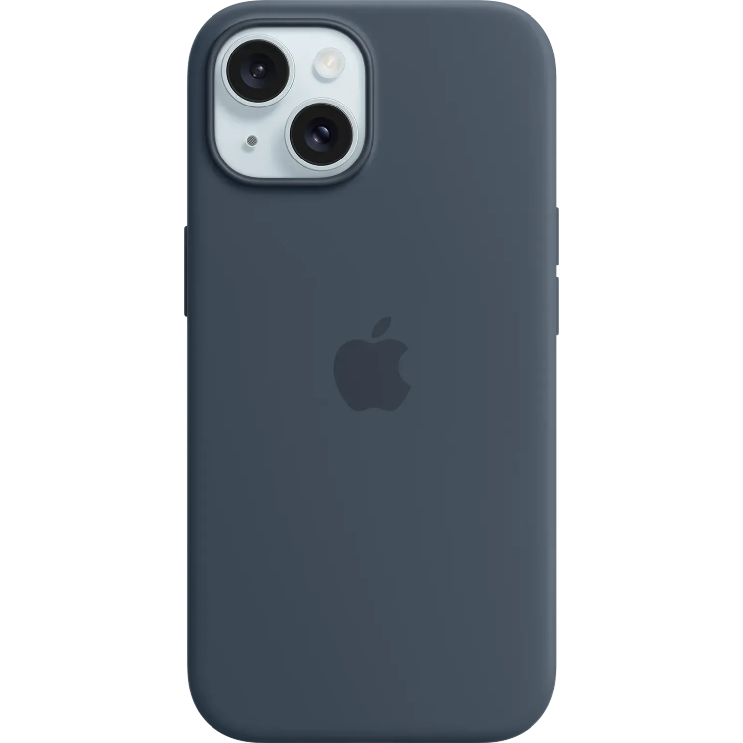 Une coque d'iPhone bleu foncé avec le logo Apple au dos. Les lentilles de l'appareil photo sont visibles.