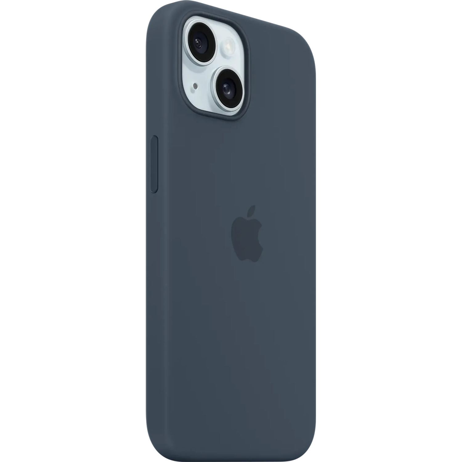 Coque de téléphone bleue avec découpe double caméra et logo Apple au dos.