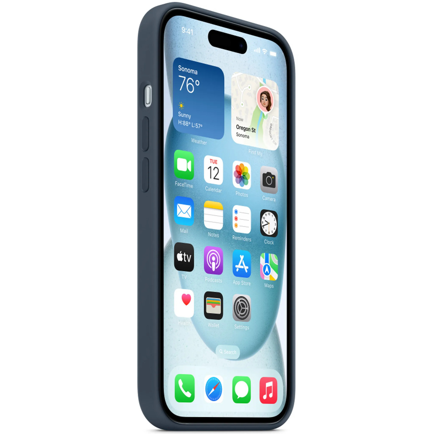 iPhone dans un étui bleu avec des widgets sur l'écran d'accueil.