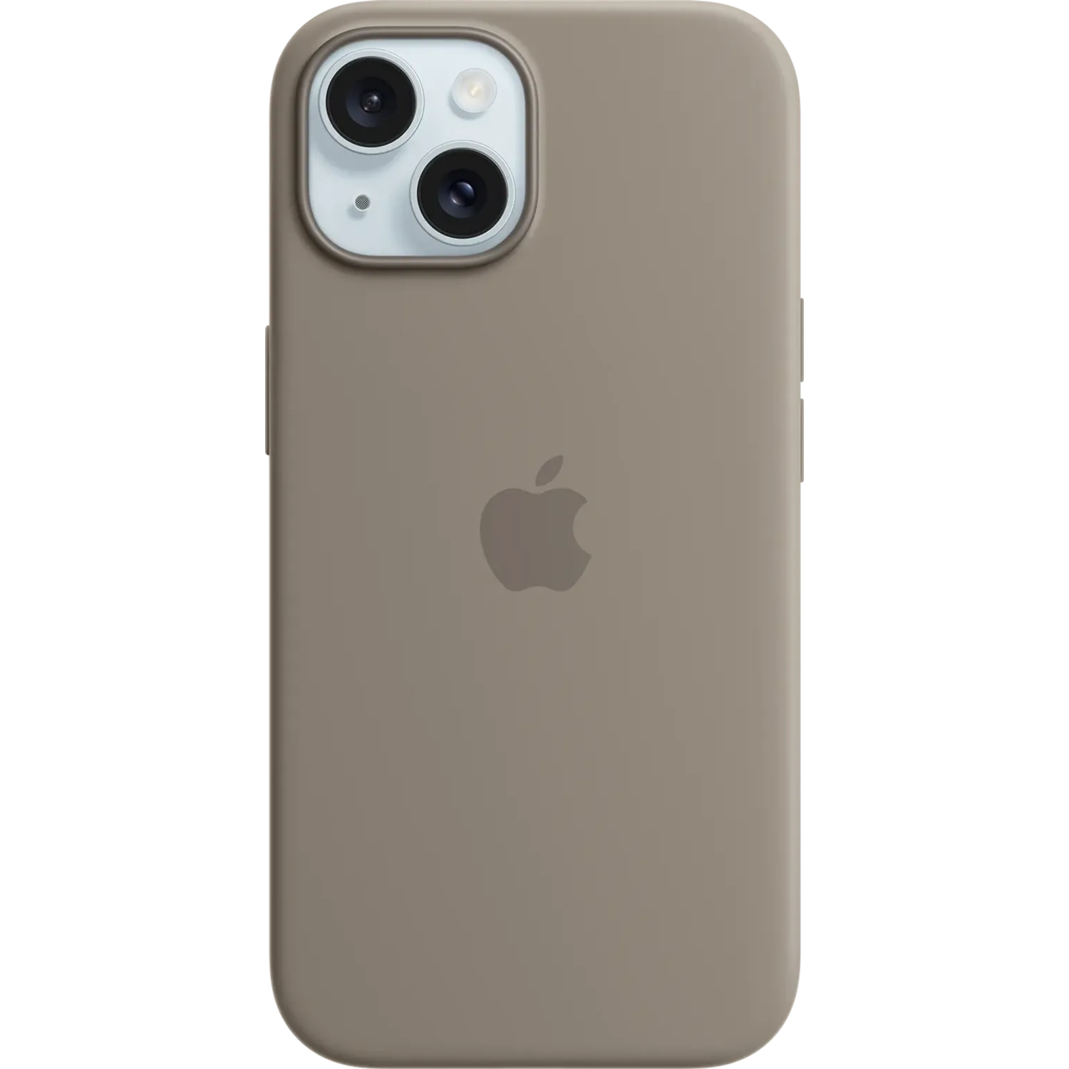 Taupe iPhone-hoesje met camerabult. Een Apple-logo staat in het midden op de achterkant.