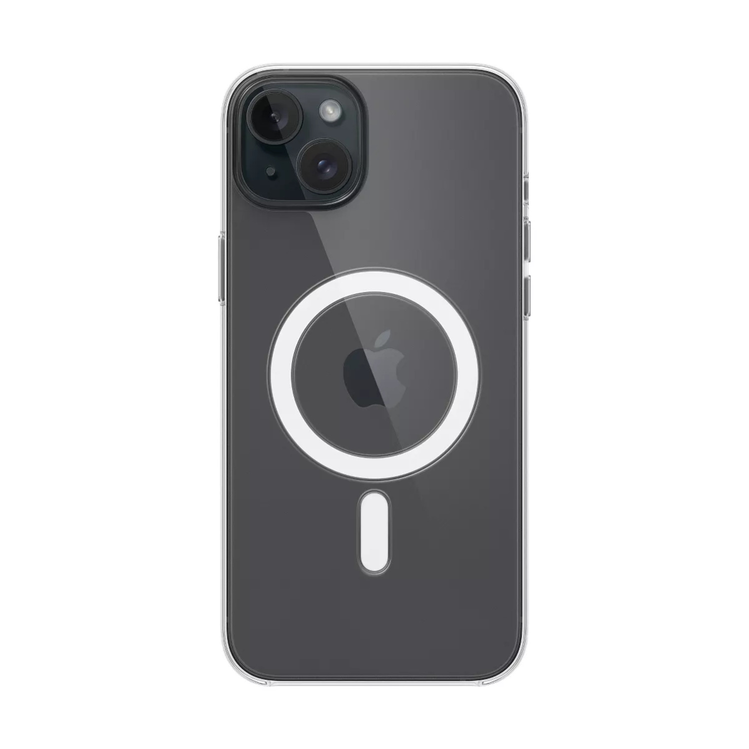 Une coque de téléphone transparente sur un iPhone noir. La coque a un cercle blanc et une découpe pour le logo Apple.