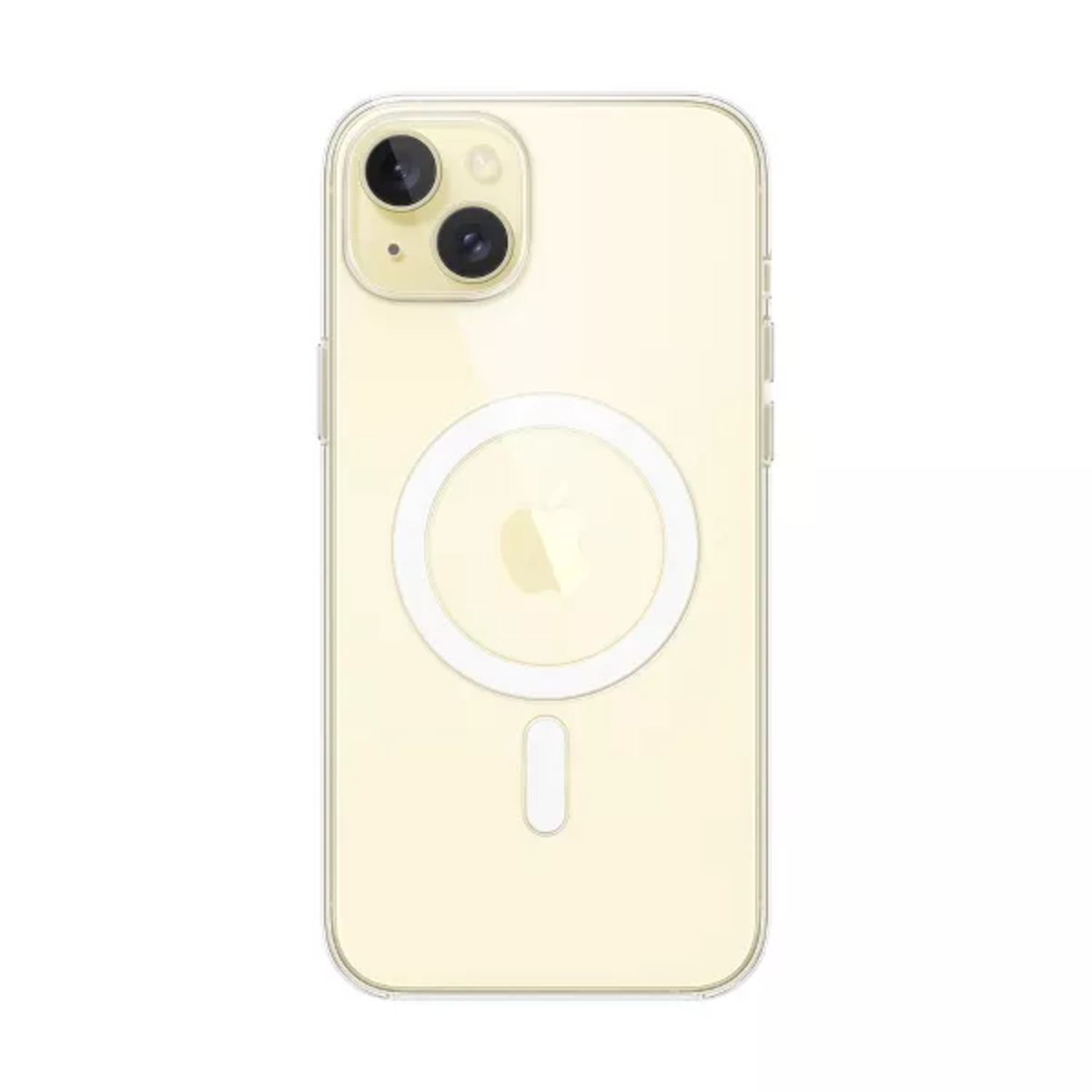 Une coque de téléphone avec un dos transparent, montrant un téléphone jaune avec un magsafe circulaire blanc.
