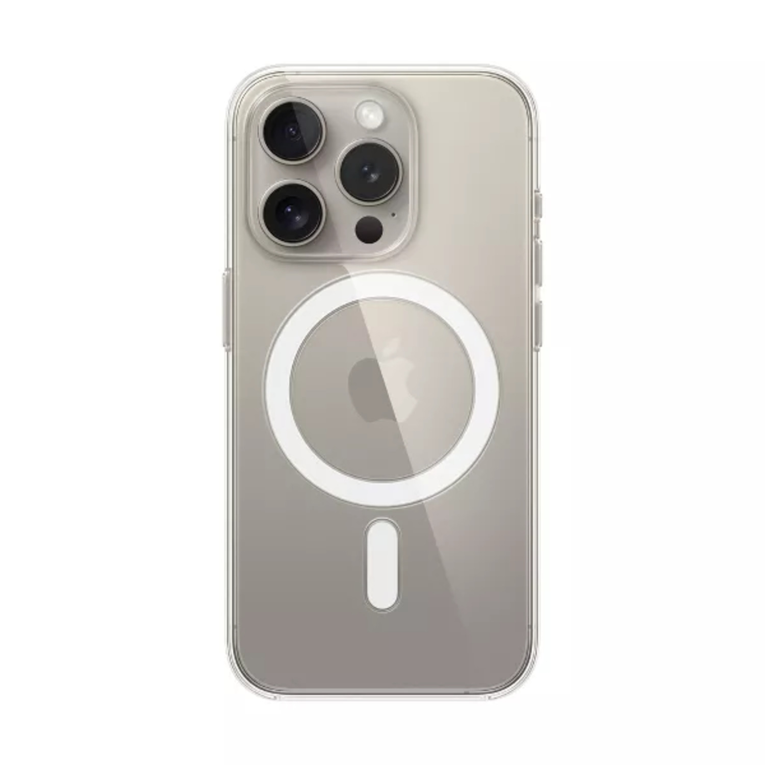 Coque d'iPhone avec dos transparent et cercle MagSafe blanc.