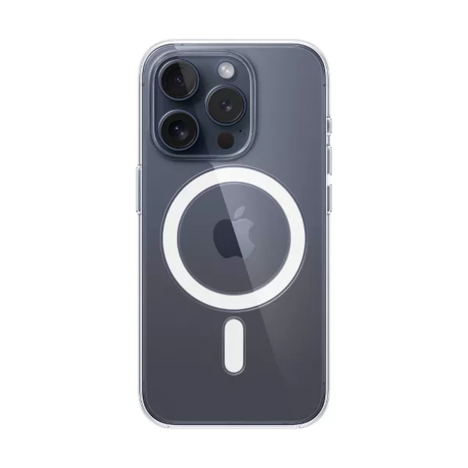 Dos d'une coque transparente pour iPhone avec un iPhone à l'intérieur, logo Apple visible.