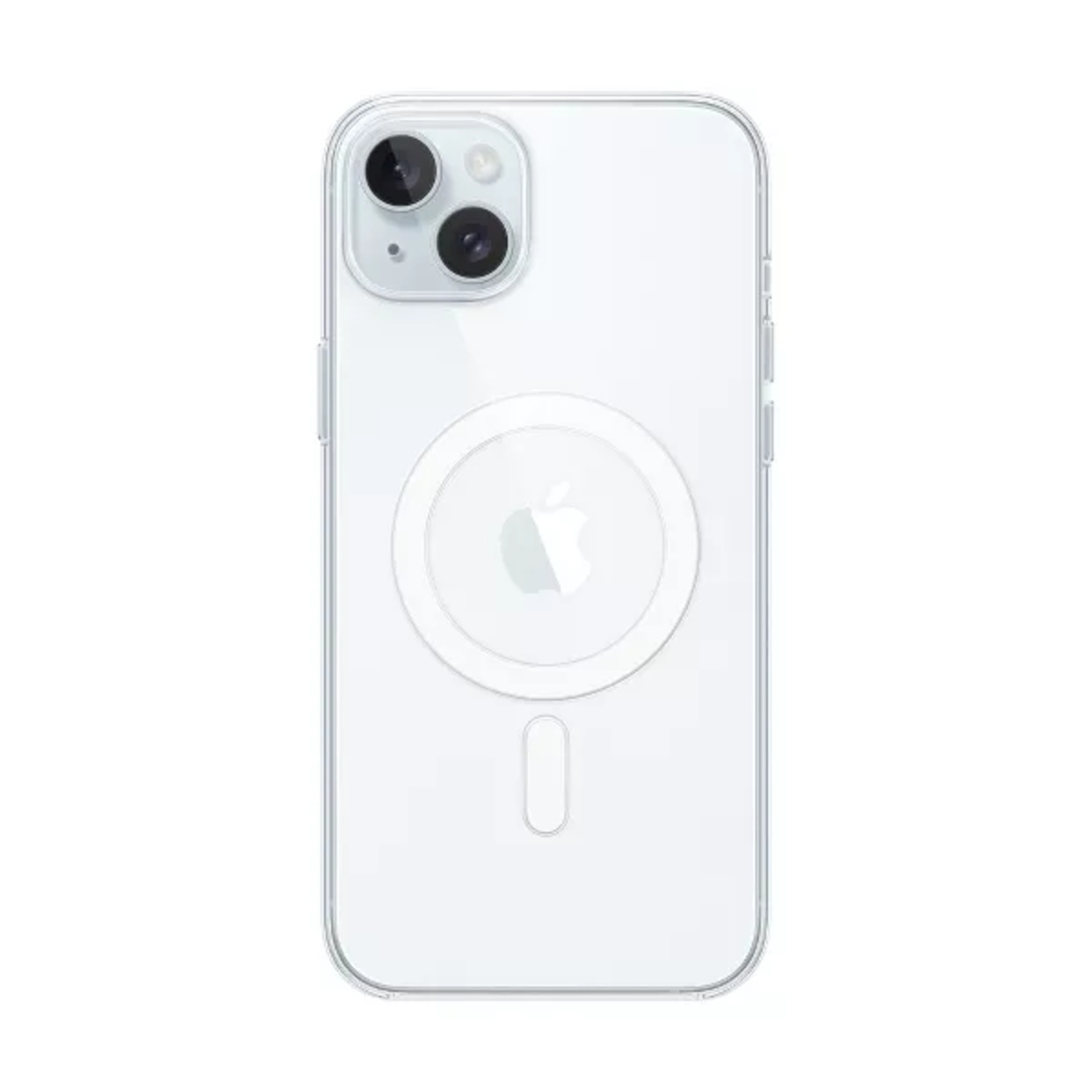 Coque de téléphone transparente sur fond blanc. Montre l'arrière de l'iPhone avec l'appareil photo et le logo Apple.