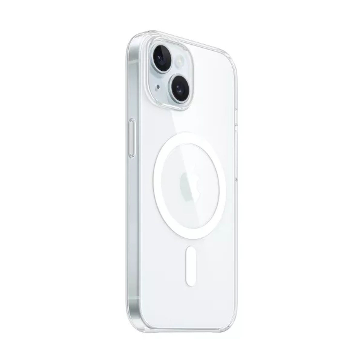 Coque iPhone transparente avec cercle MagSafe blanc et surface brillante.