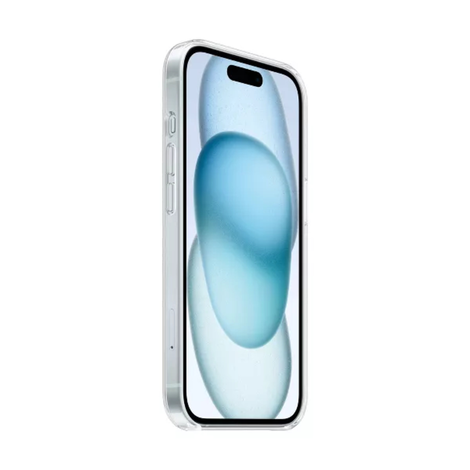 Un smartphone argenté avec un étui transparent, affichant un design abstrait bleu et blanc sur l'écran, sur fond blanc.