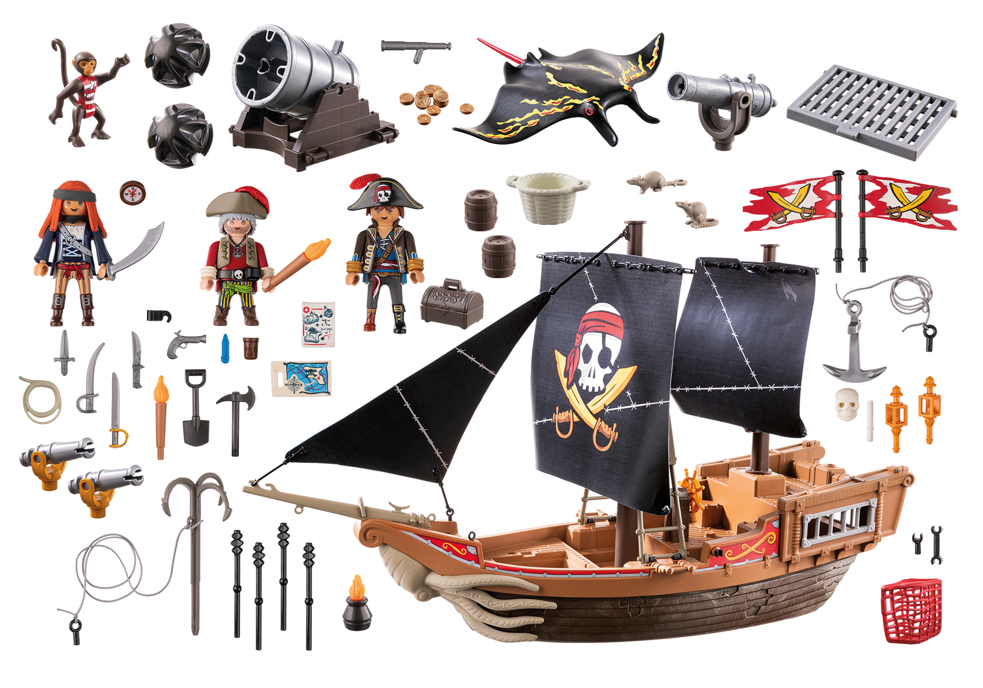 Ein Piratenschiff-Spielzeug mit Kanonen, Figuren und Zubehör. Enthält einen Affen, Flaggen und verschiedene Waffen.