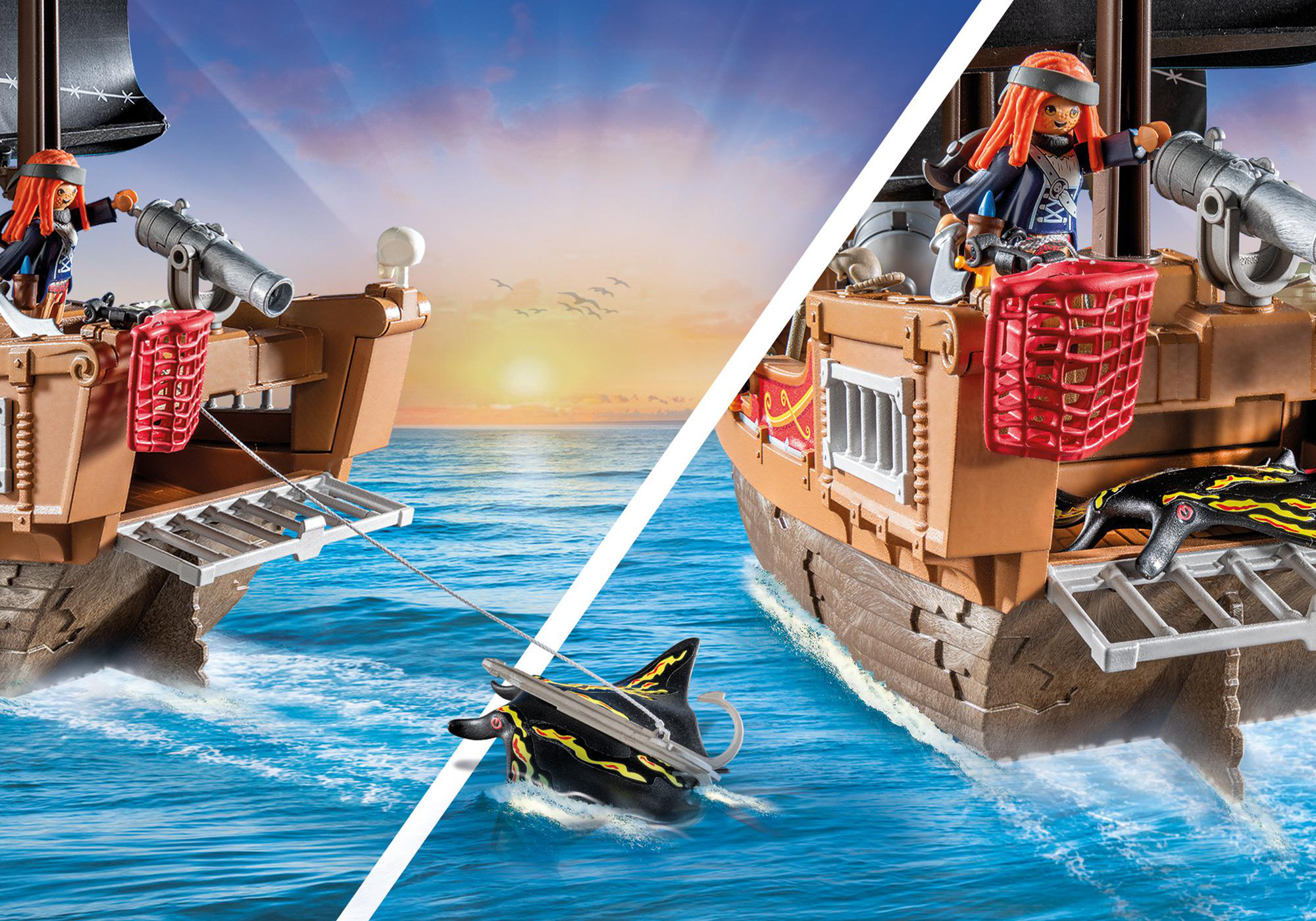 Zwei Piratenschiffe auf dem Wasser, eines mit Hai, eines mit Kanone. Sonnenuntergang im Hintergrund.