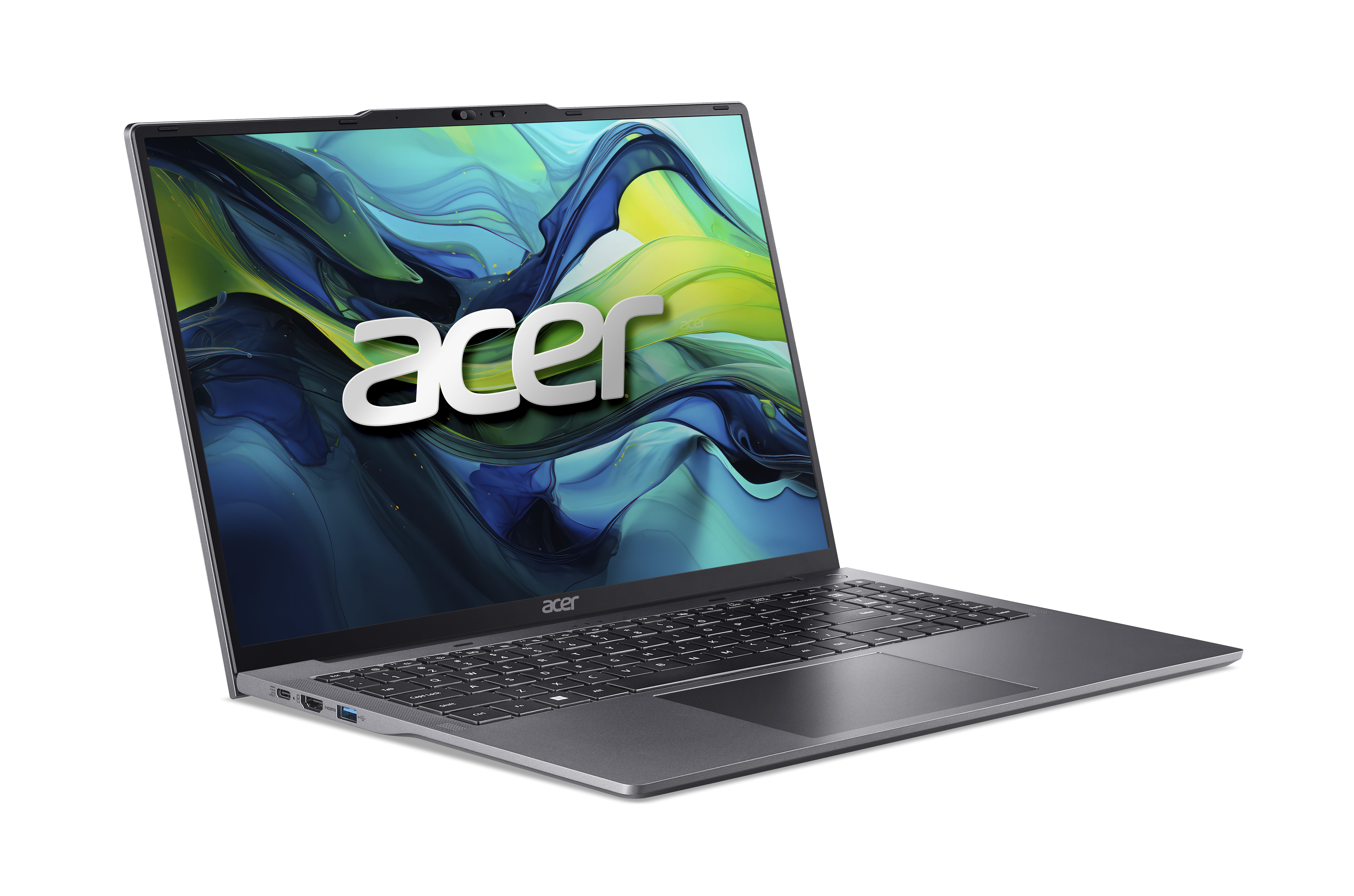Gümüş renkli, açık bir dizüstü bilgisayar, renkli ekran ve Acer logosu.