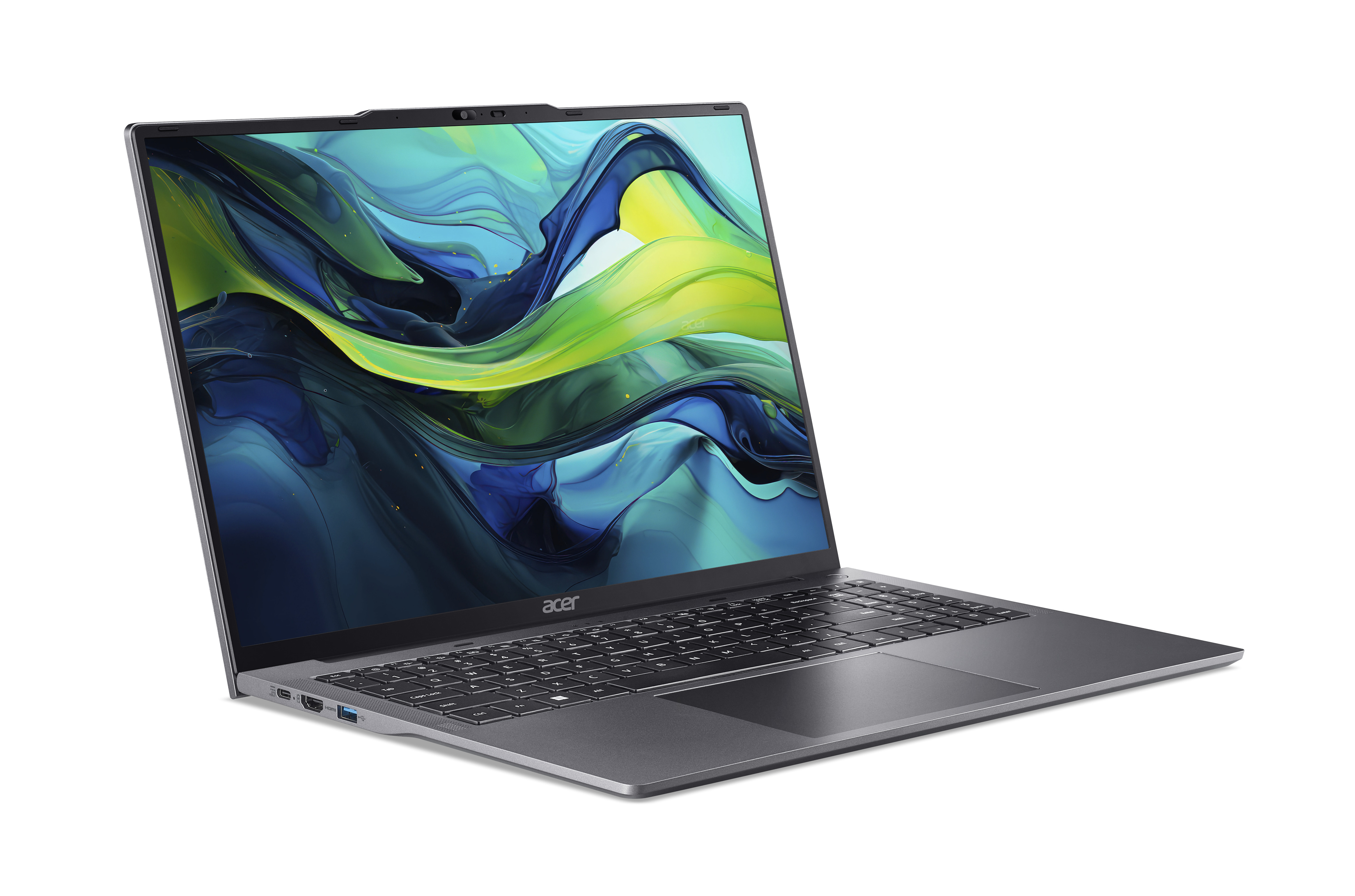 Beyaz bir arka plan üzerinde açık gümüş bir Acer dizüstü bilgisayar.