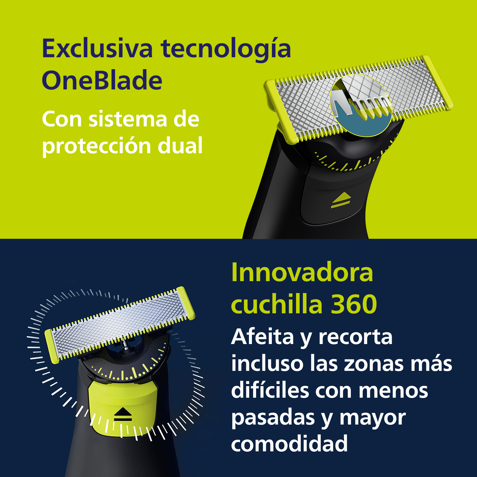 Primer plano de una afeitadora eléctrica negra y amarilla con texto en español.