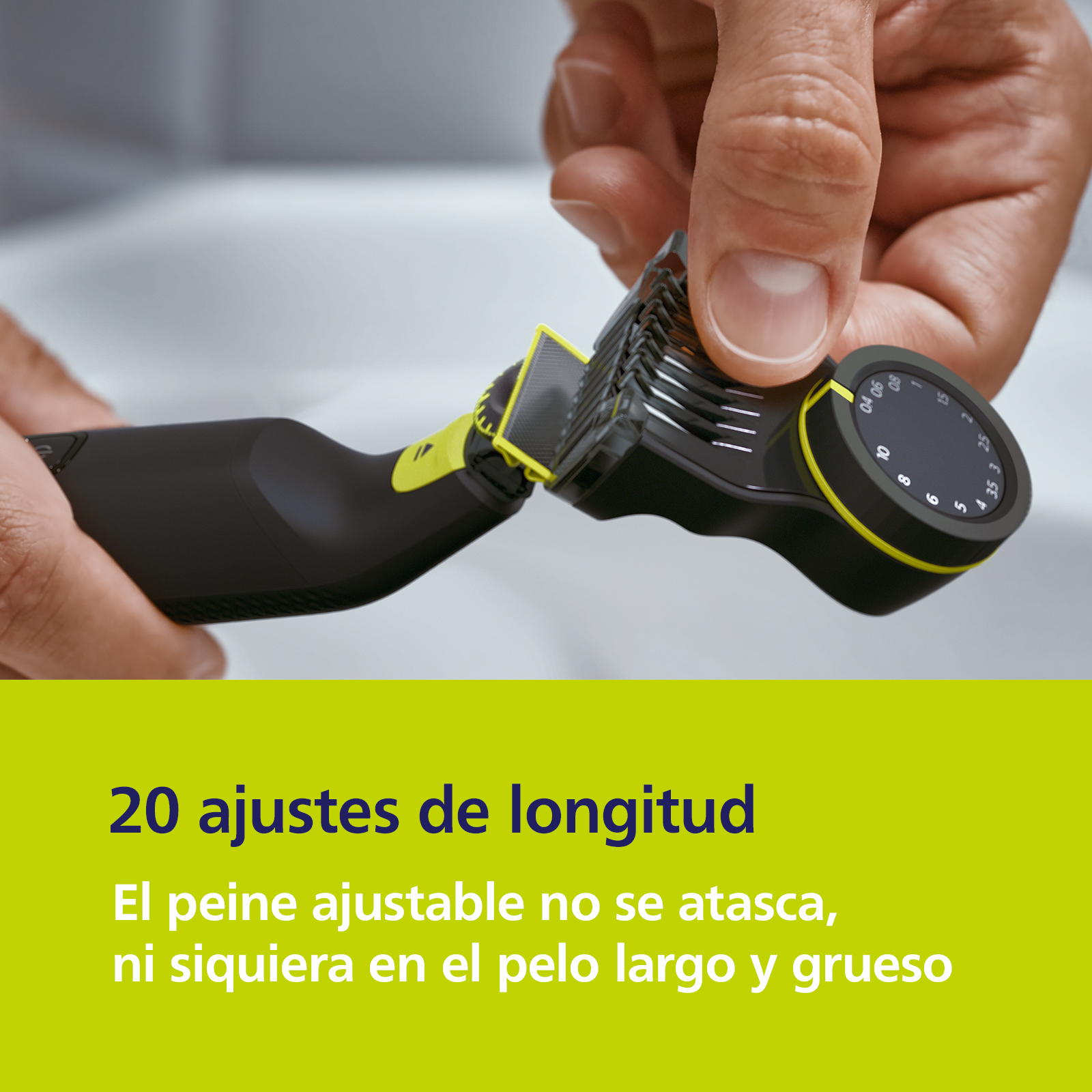 Manos sosteniendo un recortador de cabello negro y amarillo, con texto sobre ajustes.